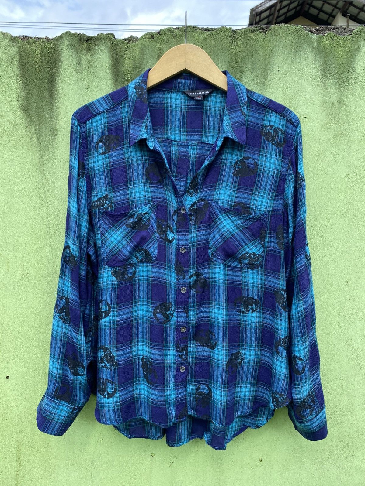 Rock & Republic Rock & Republic Skull Plaid Flannel Shirt Blue Grunge Y2K Size XL / US 12-14 / IT 48-50 - 1 Thumbnail