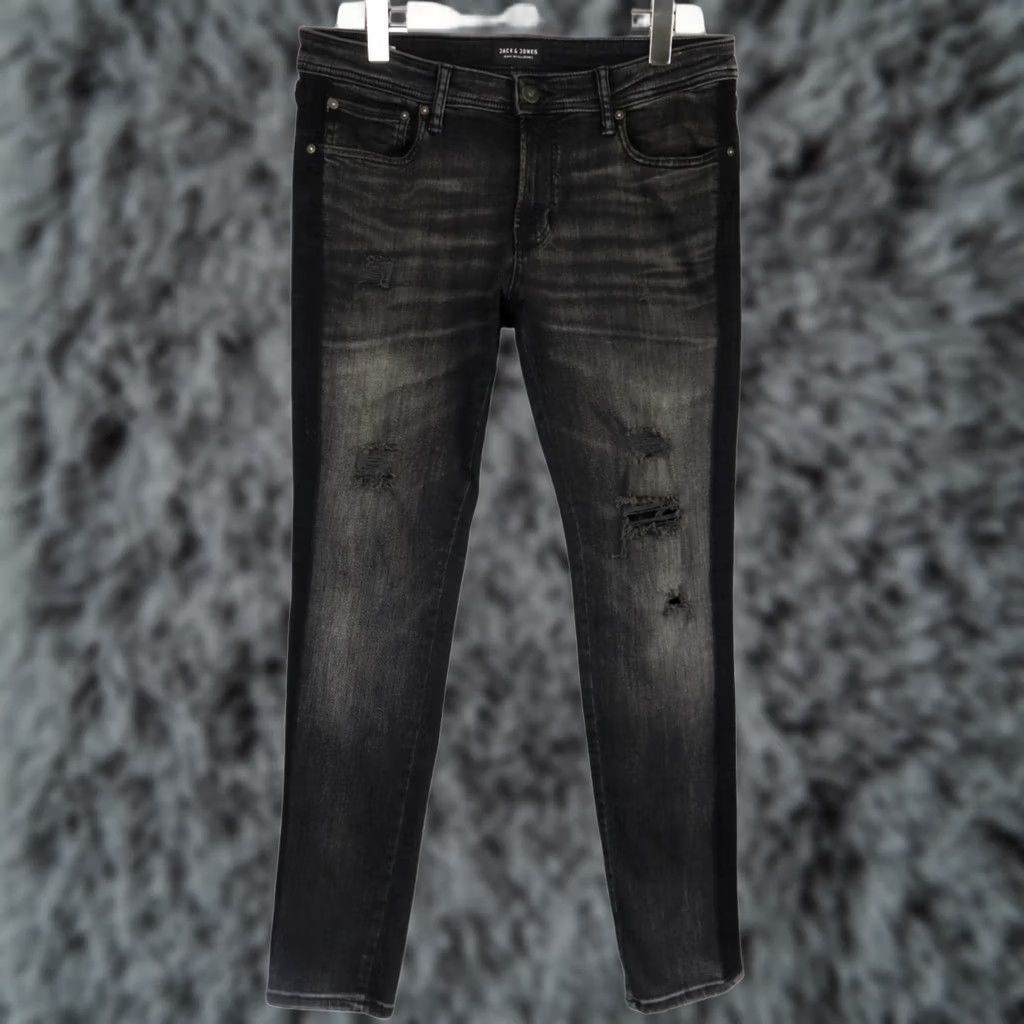 Jack & Jones JACK & JONES Skinny Jeans Liam W33/L30 Black Distressed Zip Fly Men's Skinny Fit Denim Pants Size US 33 - 1 Thumbnail