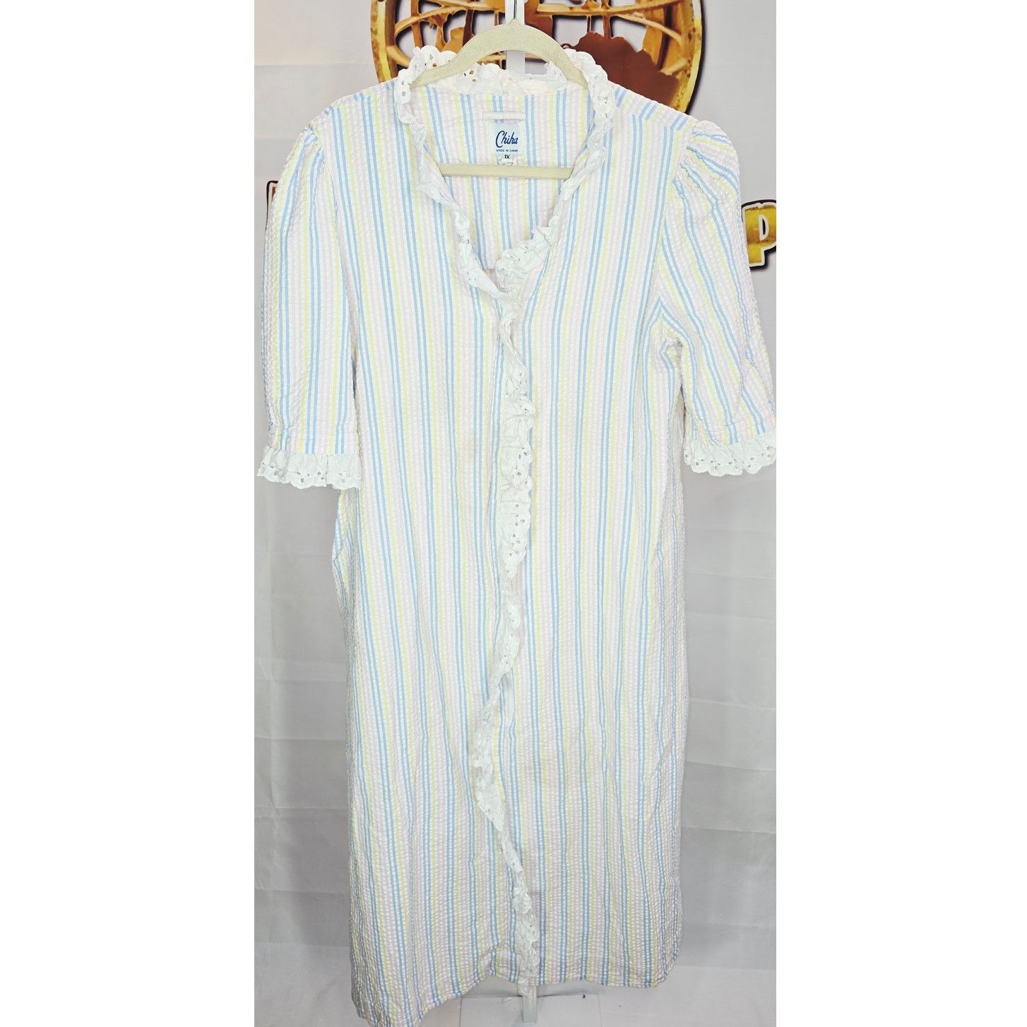 Vintage Chiha Vintage Cotton Striped Robe with Eyelet Trim - Size 1X Size XXL / US 16-18 / IT 52-54 - 2 Thumbnail