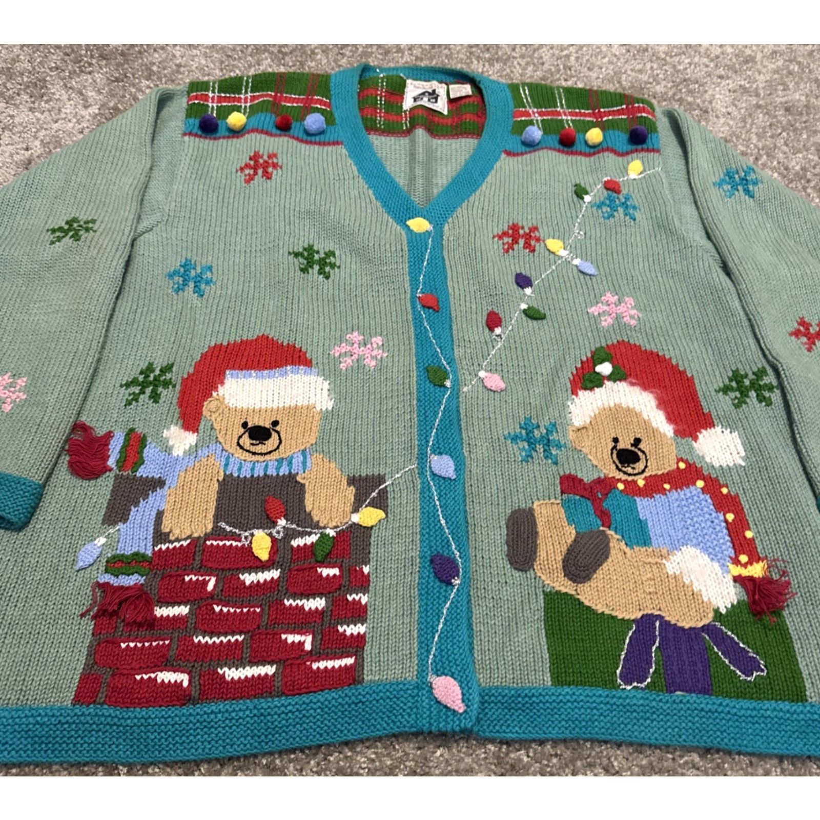 Vintage VINTAGE 90s Storybook Knits Christmas Bears Green Cardigan Sweater 3XL Women Ramie Knit Size XXL / US 16-18 / IT 52-54 - 3 Thumbnail