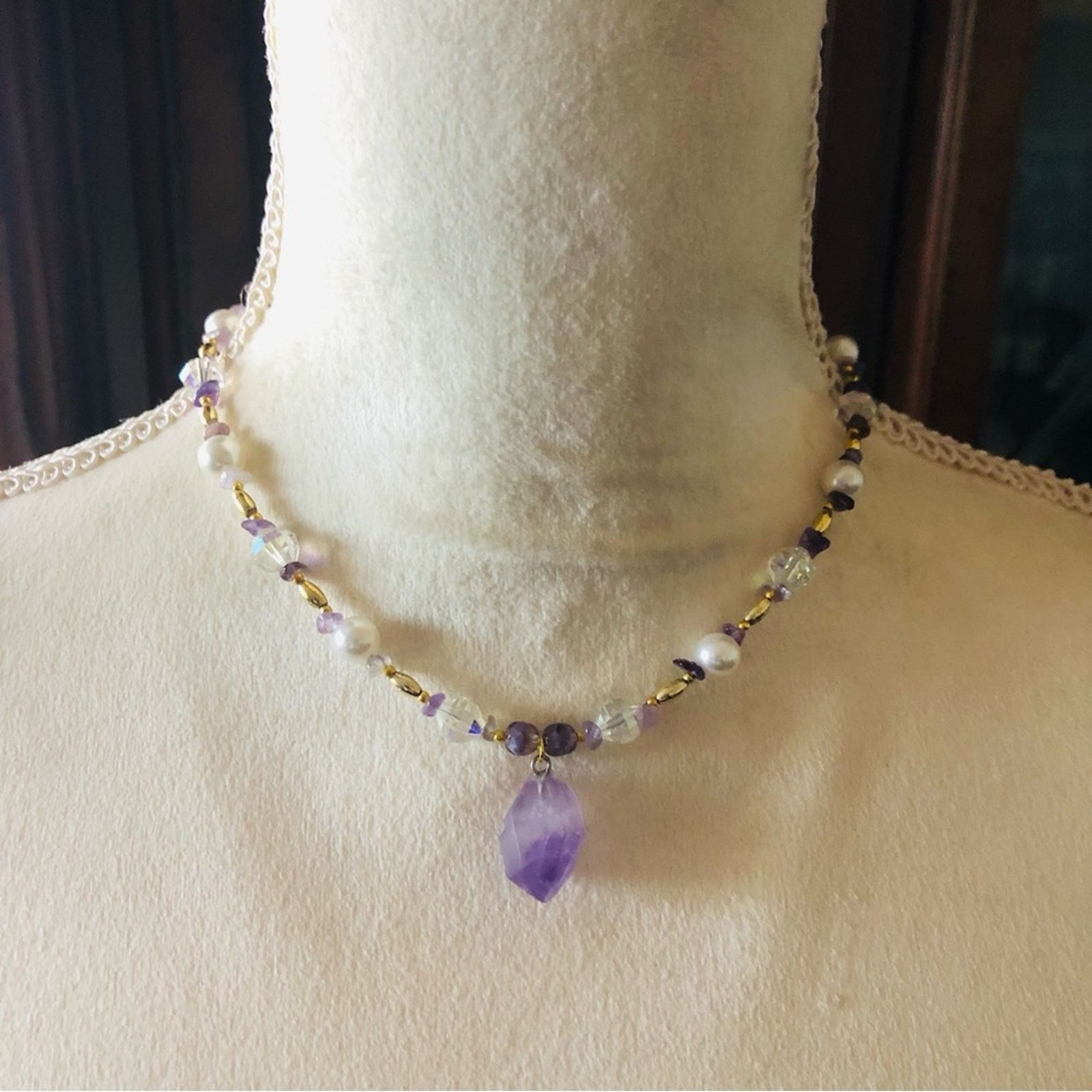 Handmade Handcrafted repurpose genuine amethyst slab pearl necklace Size ONE SIZE - 3 Thumbnail