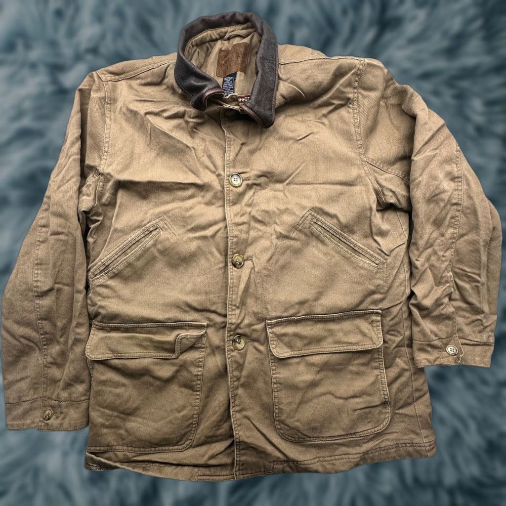 Vintage VINTAGE GH Bass Co Barn Chore Work Field Coat Jacket Mens Large Leather Collar Button Pockets Lined Brown Size US L / EU 52-54 / 3 - 1 Thumbnail