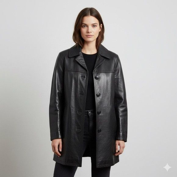Roots Vintage Roots Black Leather Straight Cut Mid Length Car Coat Size S / US 4 / IT 40 - 1 Thumbnail
