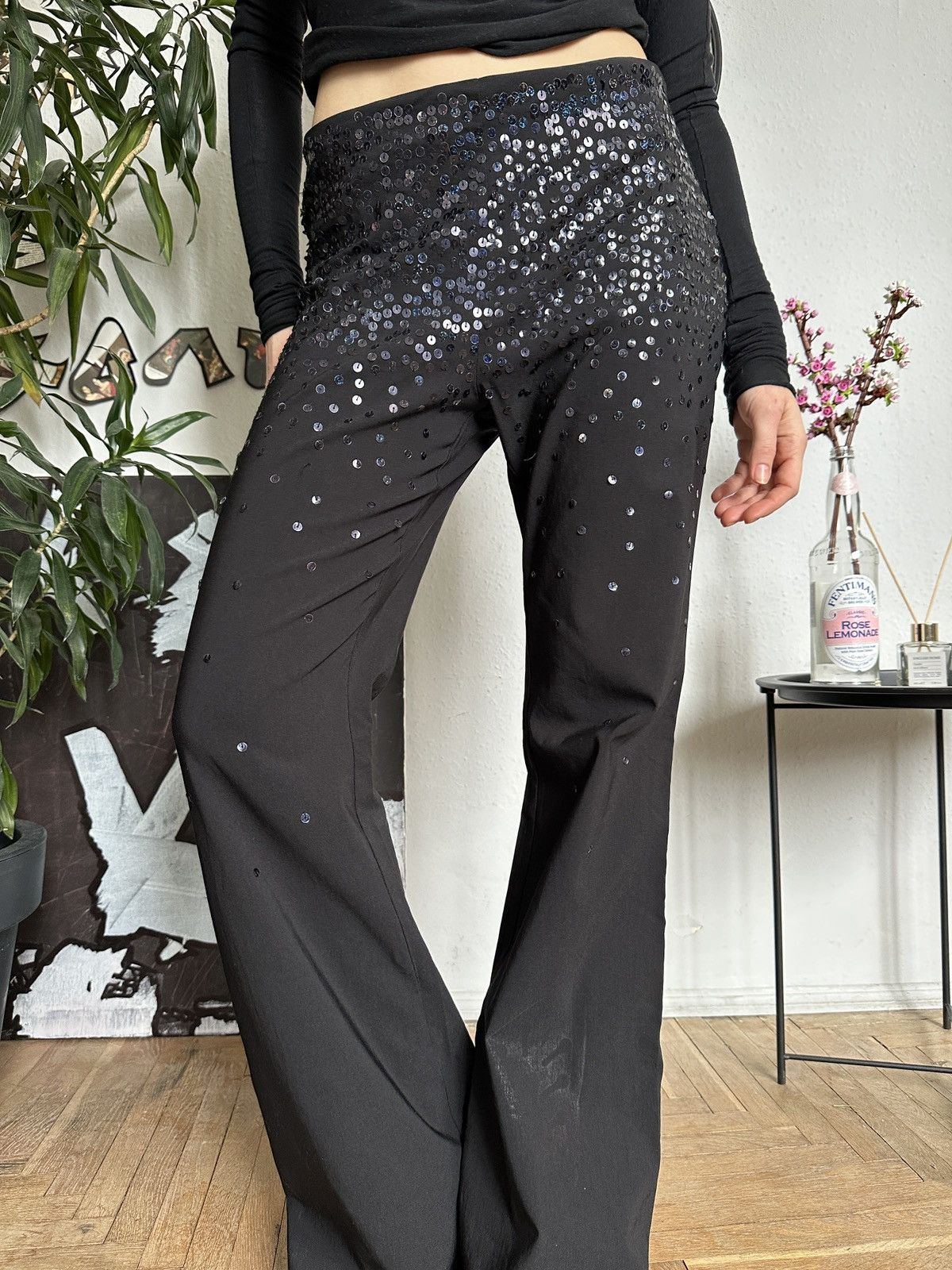 Japanese Brand × Vintage Flared Black Bootcut Sequins Y2K Pants Size 30" / US 8 / IT 44 - 2 Thumbnail