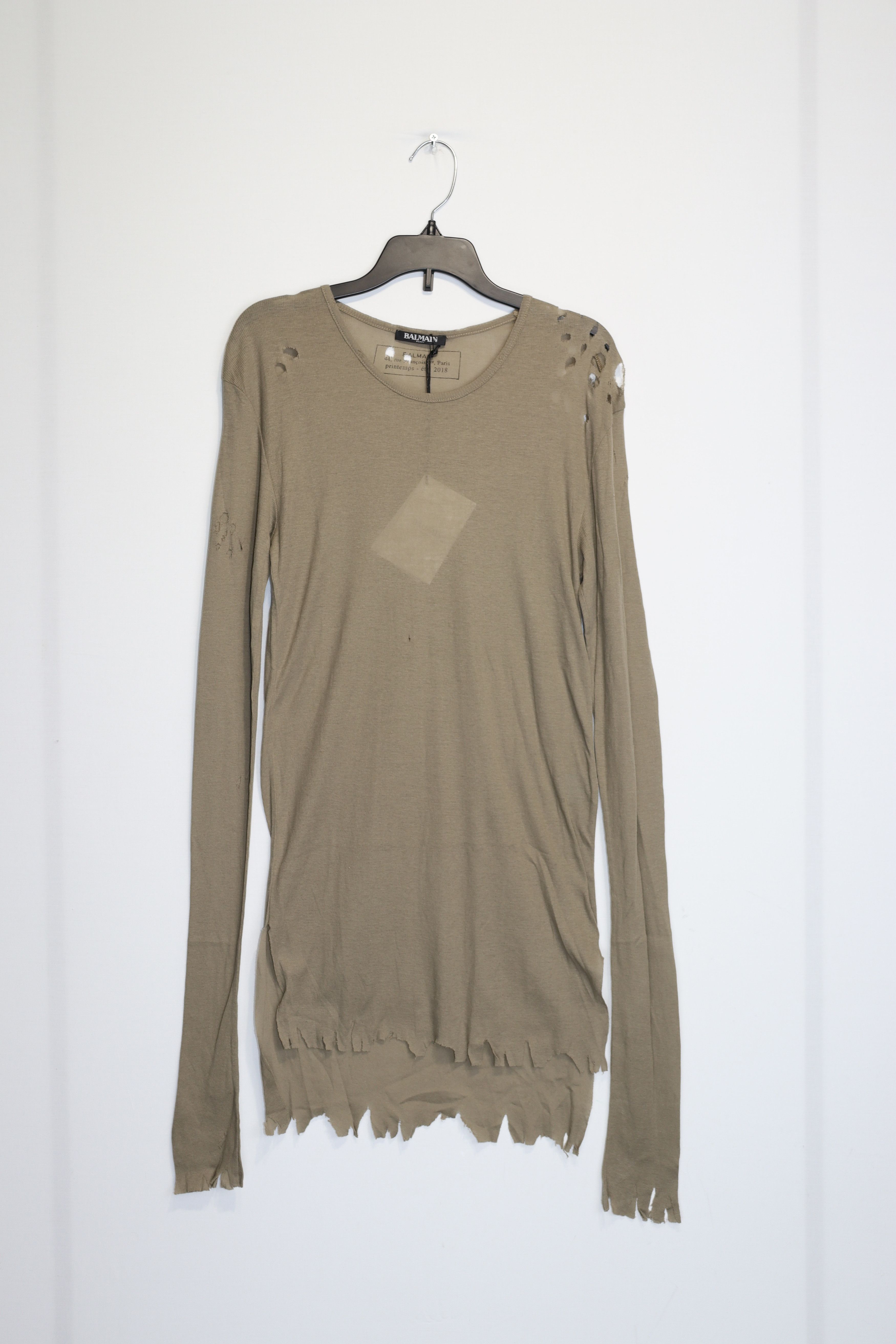 Balmain o1rshd1 Long-Sleeve Distressed T-Shirt in khaki Size US S / EU 44-46 / 1 - 1 Thumbnail