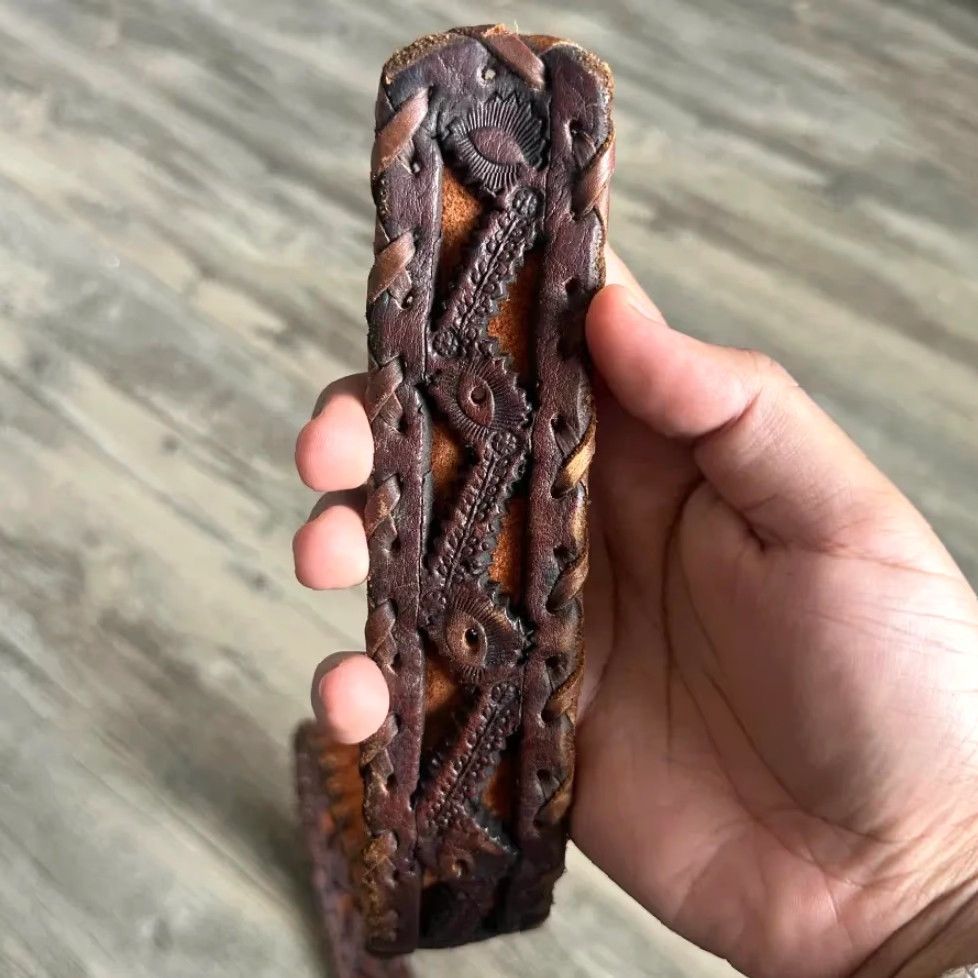 Vintage VINTAGE Navajo Woven Leather Belt Made In Mexico Size 38 Belt Mens Brown Leather Conchos Cowboys Handmade Size 38 - 2 Thumbnail