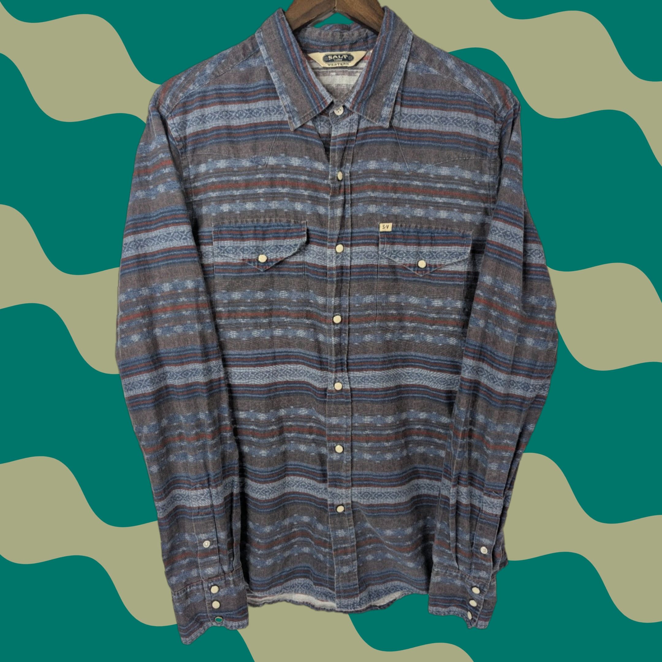 Vintage Salt Valley Shirt Mens L Blue Button-Up Pearl Snaps Western Casual Cotton Knit Geometric 90s Theme Cowboy Outdoors Pockets Size US L / EU 52-54 / 3 - 1 Thumbnail