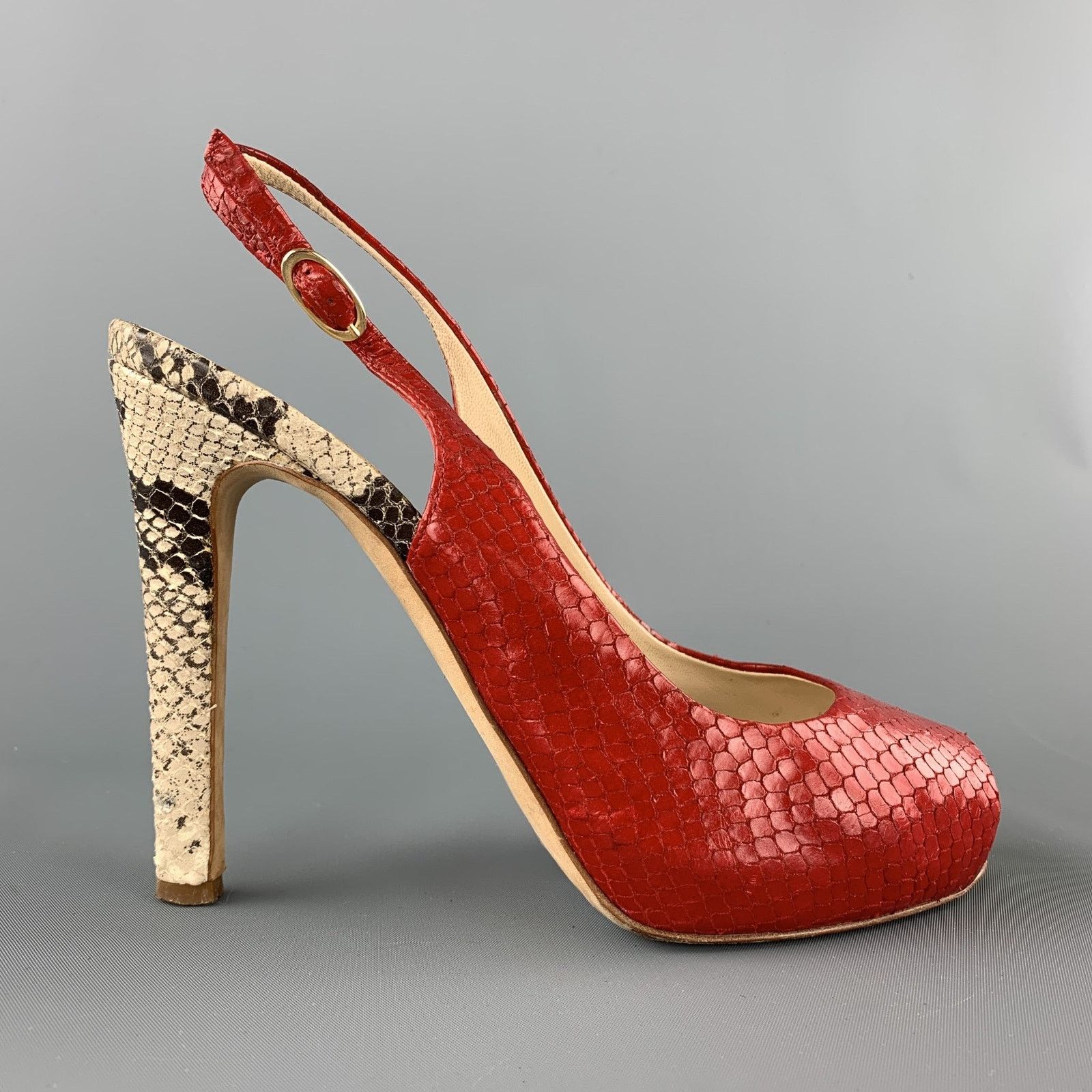 Giuseppe Zanotti 8 Red & Beige Snake Skin Slingback Peep Toe Pumps Size US 8 / IT 38 - 1 Thumbnail