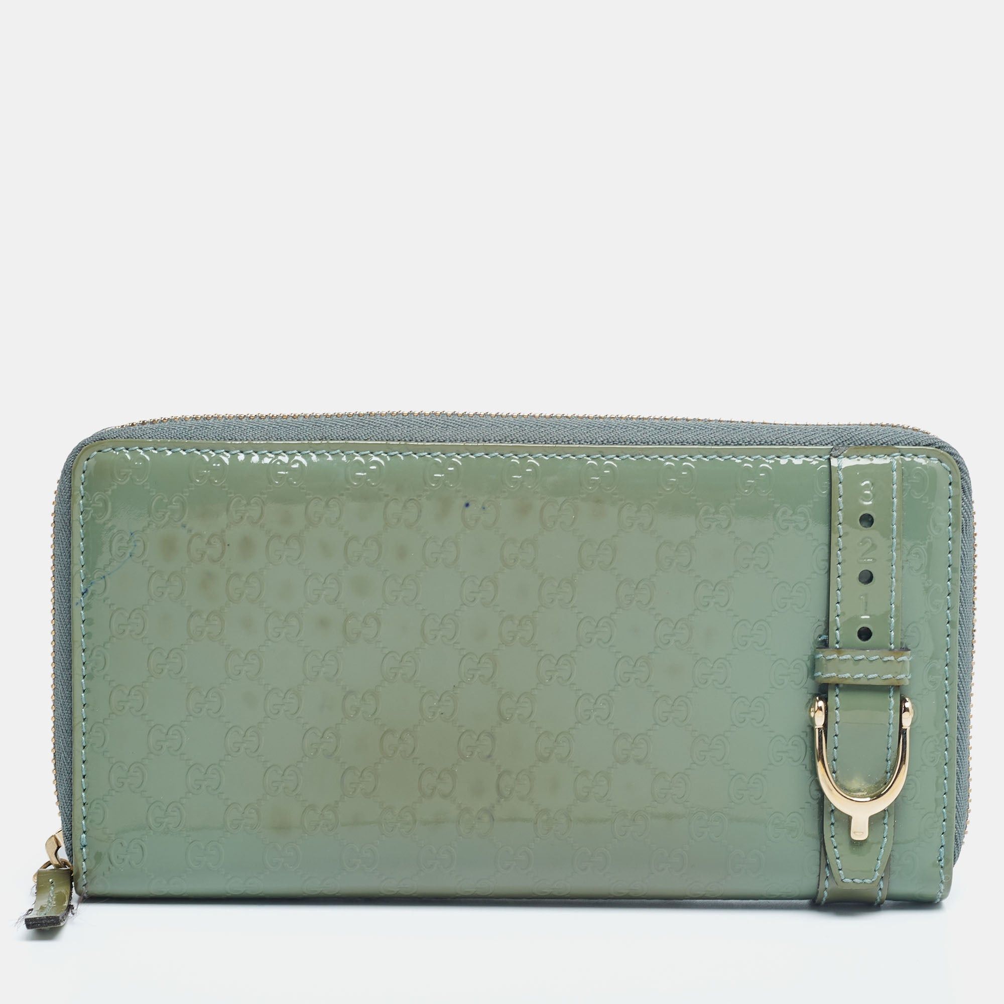 image of Gucci Green MicroGuccissima Patent Leather Zip Around Wallet in Black, Women's