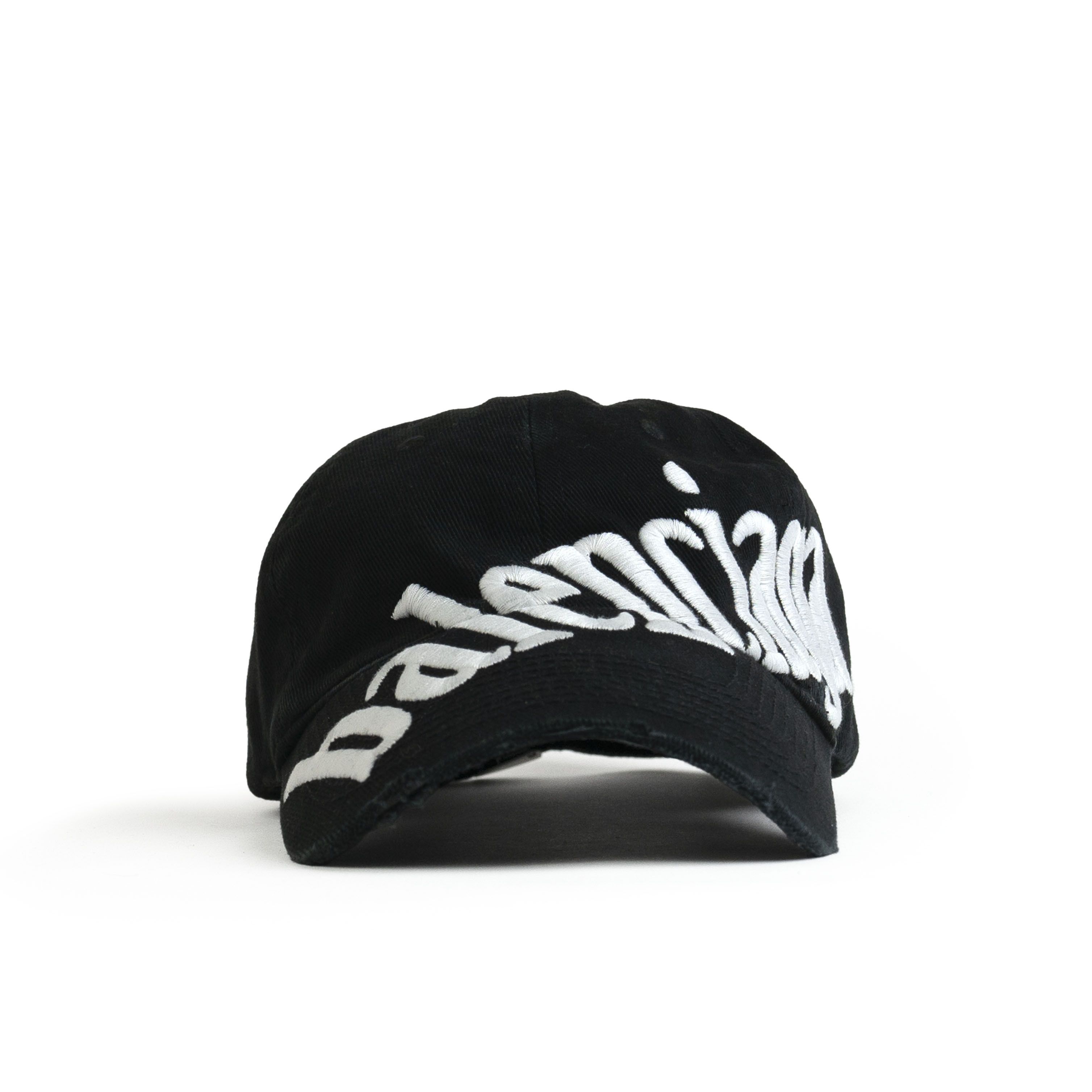 image of Balenciaga Diagonal Logo Embroidered Distressed Hat Large in Black, Men's