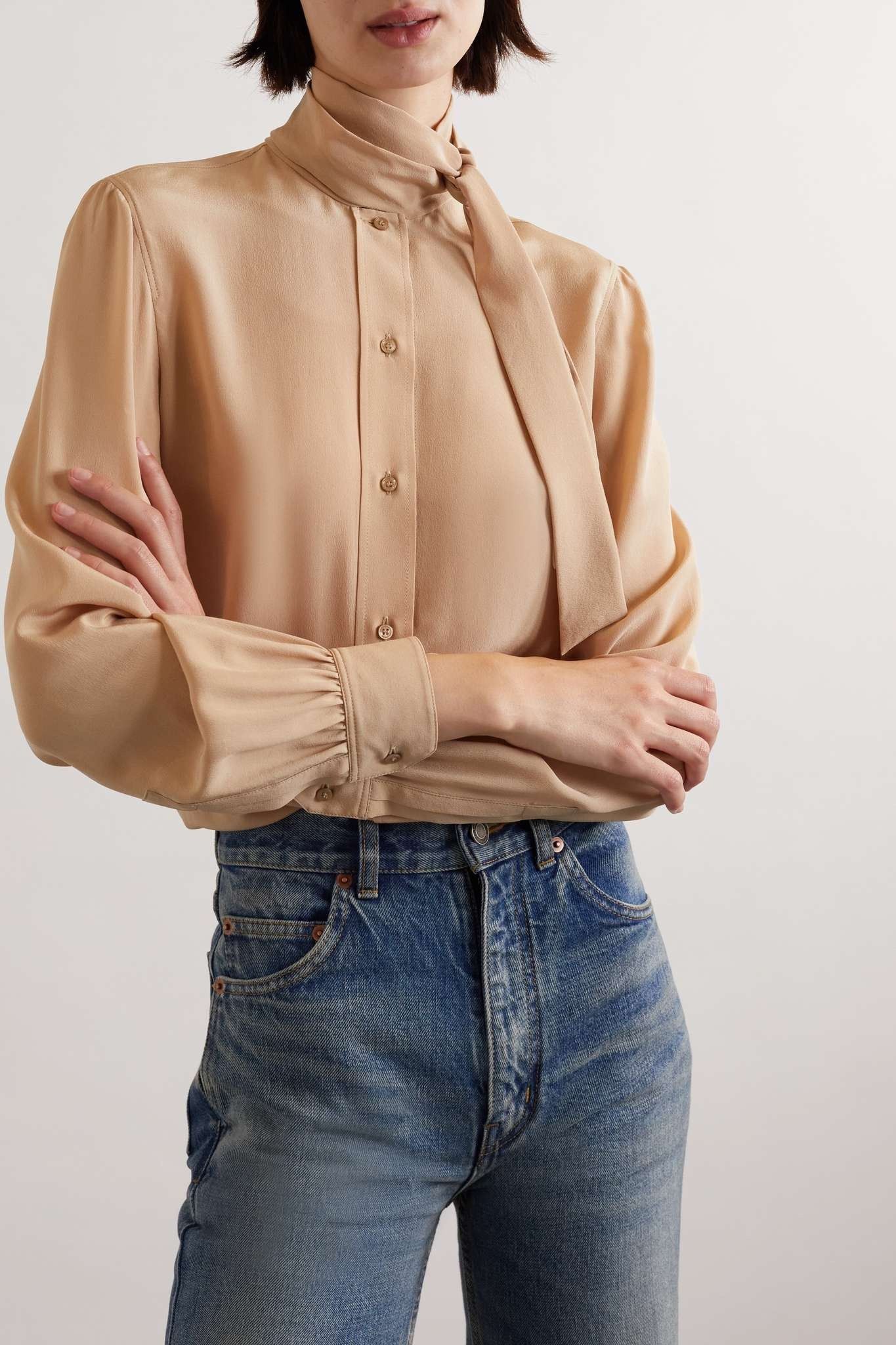 Saint Laurent Paris oc11z1025 Lavalliere Neck Shirt In Crepe De Chine in Beige Size M / US 6-8 / IT 42-44 - 3 Thumbnail