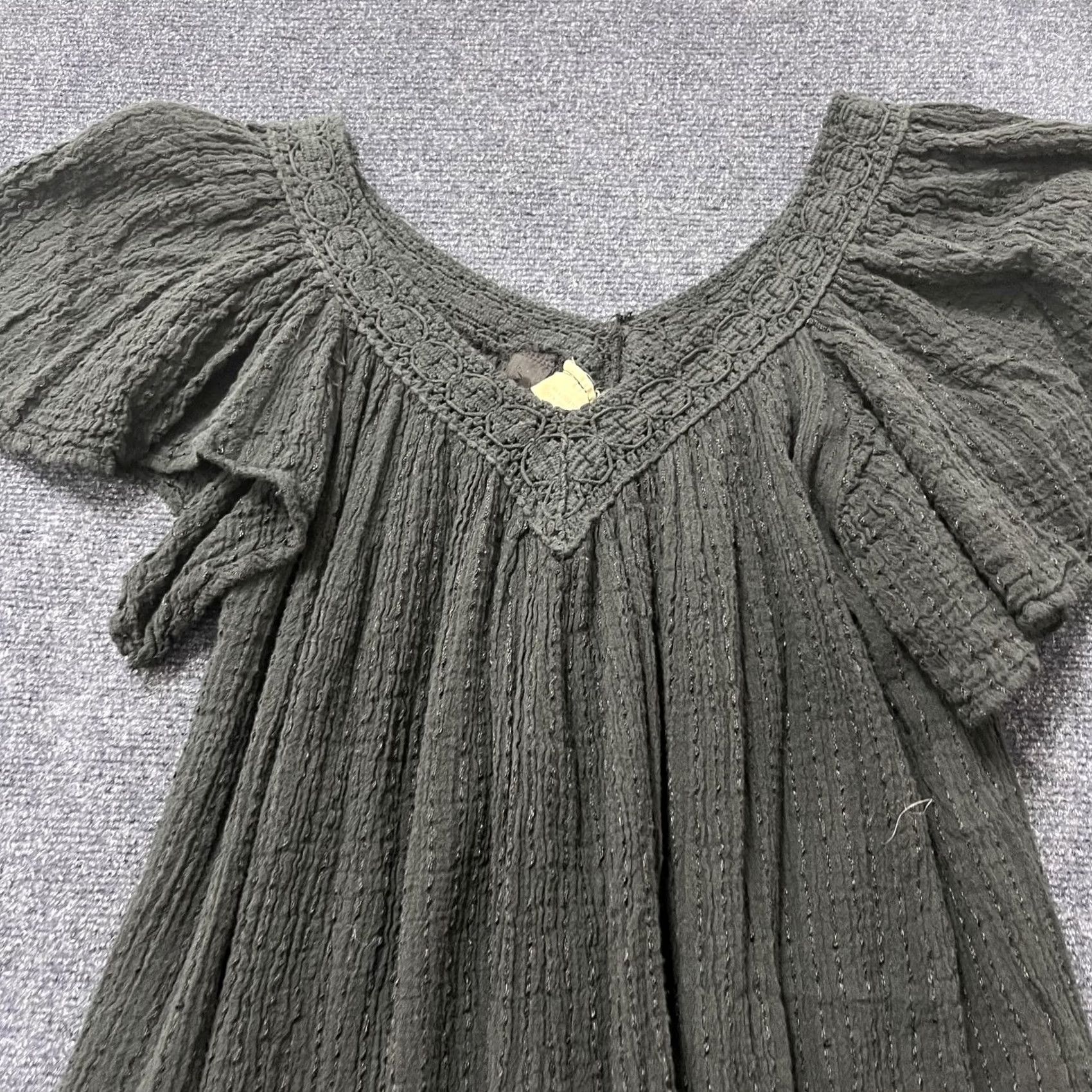 Vintage VINTAGE AMERICAN VINTAGE Dress Womens One Size Black Textured Scoop Neck Flutter Sleeve Boho Trapeze Size ONE SIZE - 3 Thumbnail