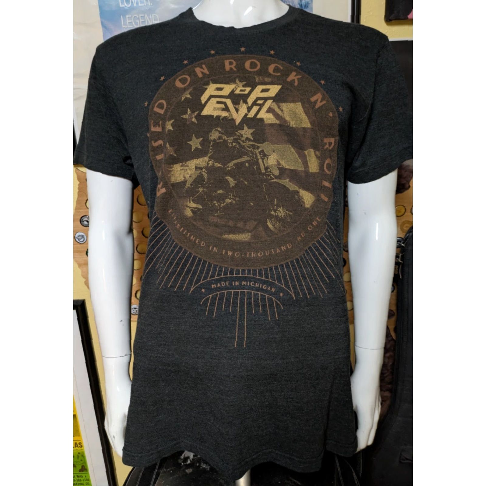 American Apparel Pop Evil T-Shirt Concert Tour Raised On Rock N Roll Band Large Black Men 2014 Muskegon MI American Apparel Shirt Graphic Tee Music Shirt Size US L / EU 52-54 / 3 - 2 Thumbnail