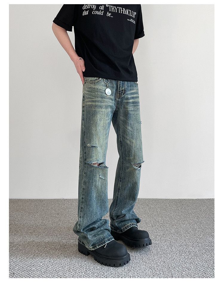 Japanese Brand × Jean Retro distressed men's straight flared cleanfit ripped jeans Size US 32 / EU 48 - 4 Thumbnail