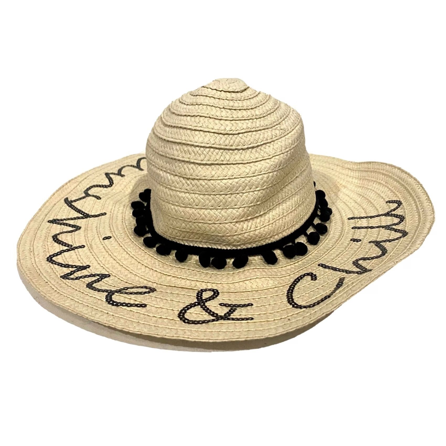 Betsey Johnson Betsey Johnson Sun Hat Women Wide Brim Beige Black Pom Pom Straw Hat Beach Vacation Sun Hat 22” Interior Circumference Size ONE SIZE - 4 Thumbnail