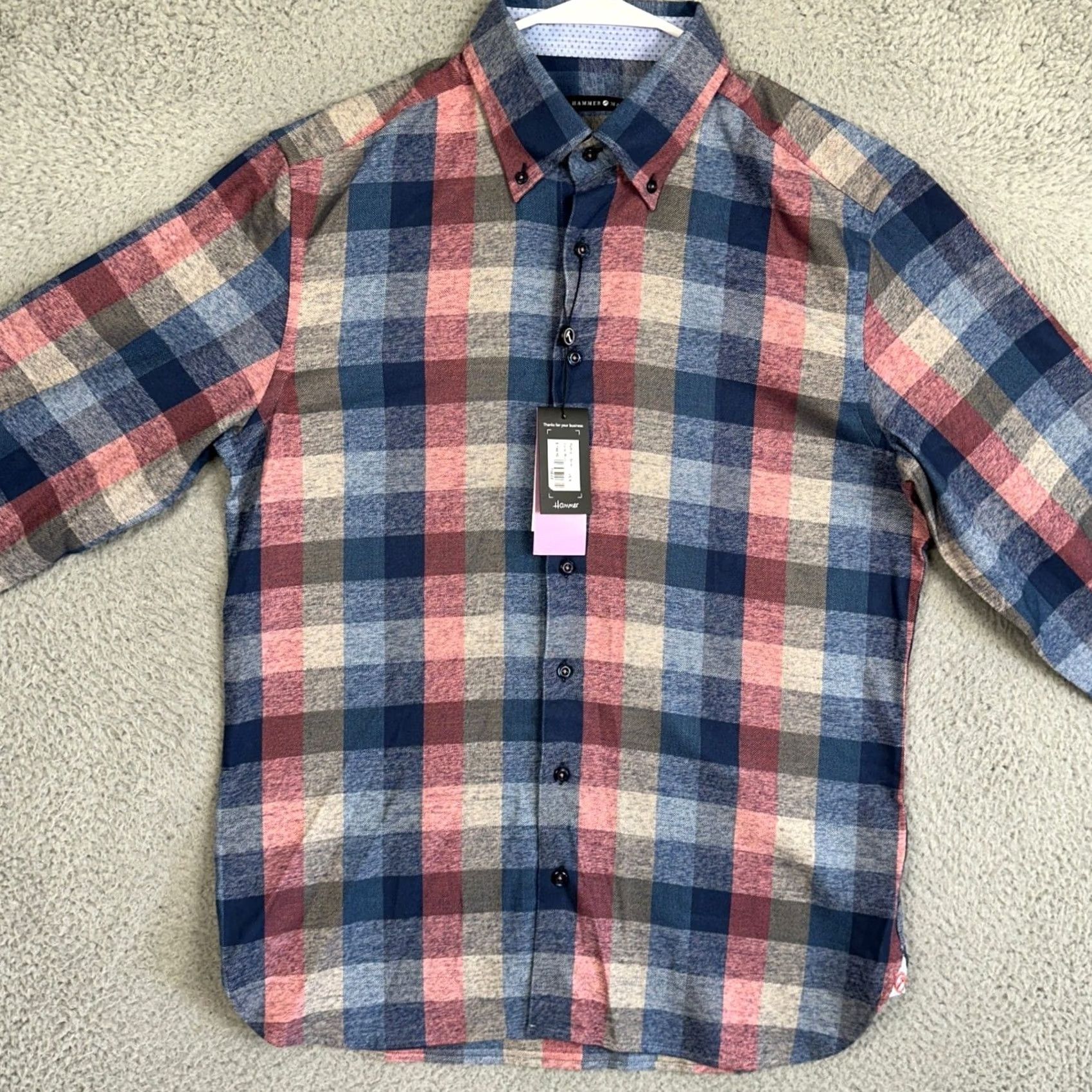 Vintage VINTAGE Hammer Made Shirt Mens L Blue Red Check Button-Down Slim Pattern: Check, Plaid Mens Clothing, Office, Business Casual, Travel Size 42R - 2 Thumbnail
