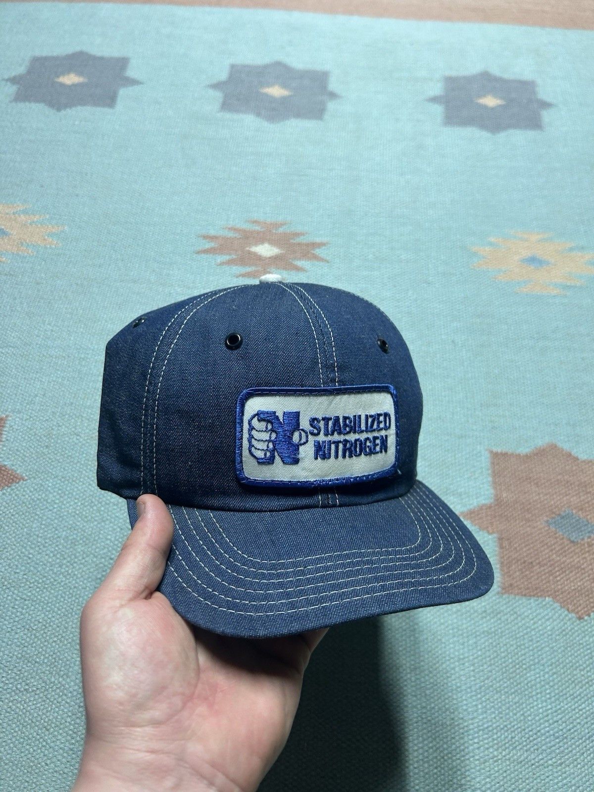 Vintage Vtg 80 snapback hat denim stabilized nitrogen patch made USA Size ONE SIZE - 1 Thumbnail