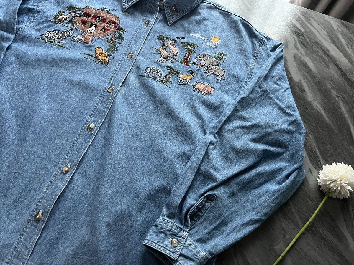 Vintage Quizz Newyork : Embroidered Animal Zoo Denim Shirt Size XXL / US 16-18 / IT 52-54 - 4 Thumbnail