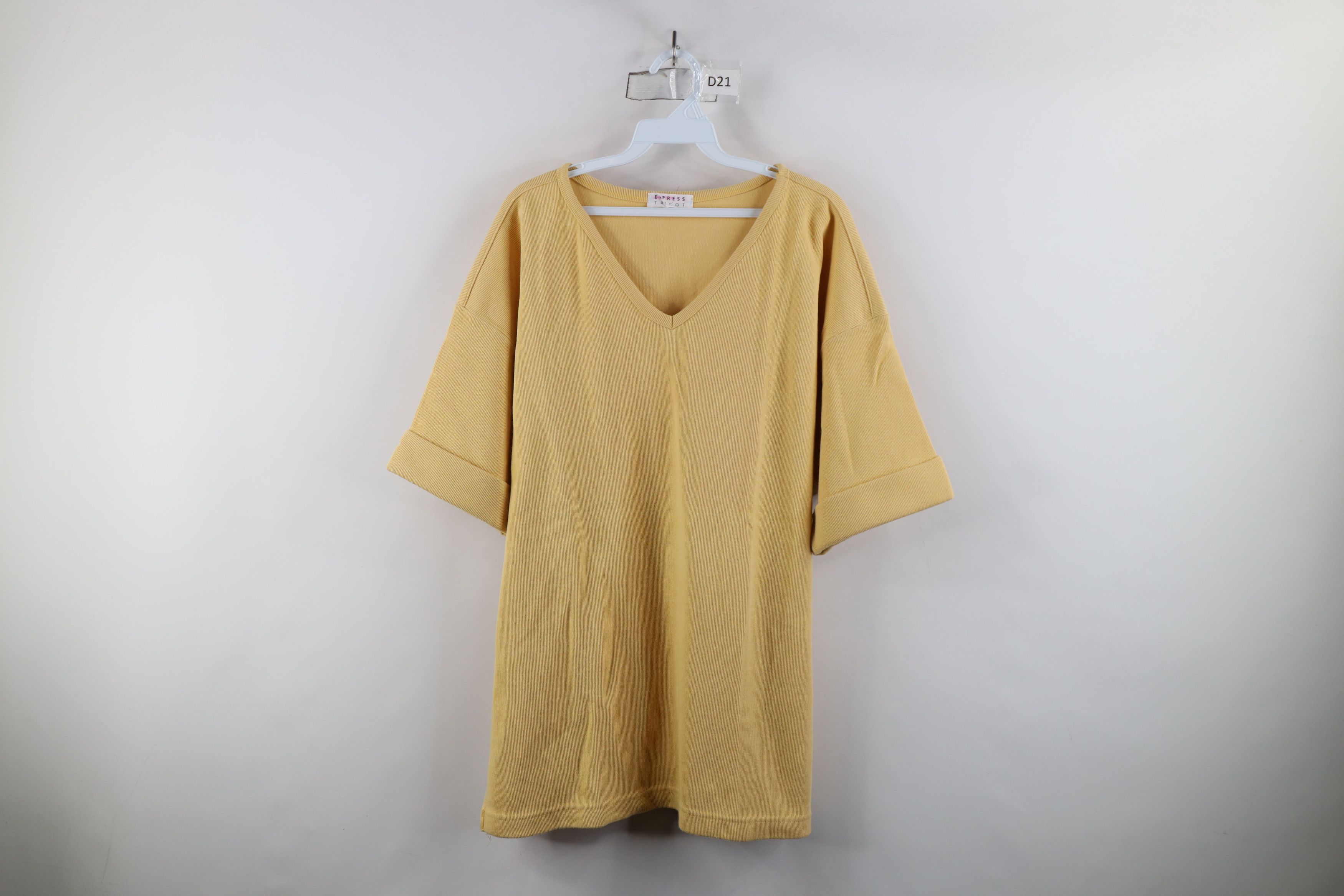 Express × Vintage Vintage 90s Express Ribbed Knit V-Neck T-Shirt Yellow Size L / US 10 / IT 46 - 1 Thumbnail