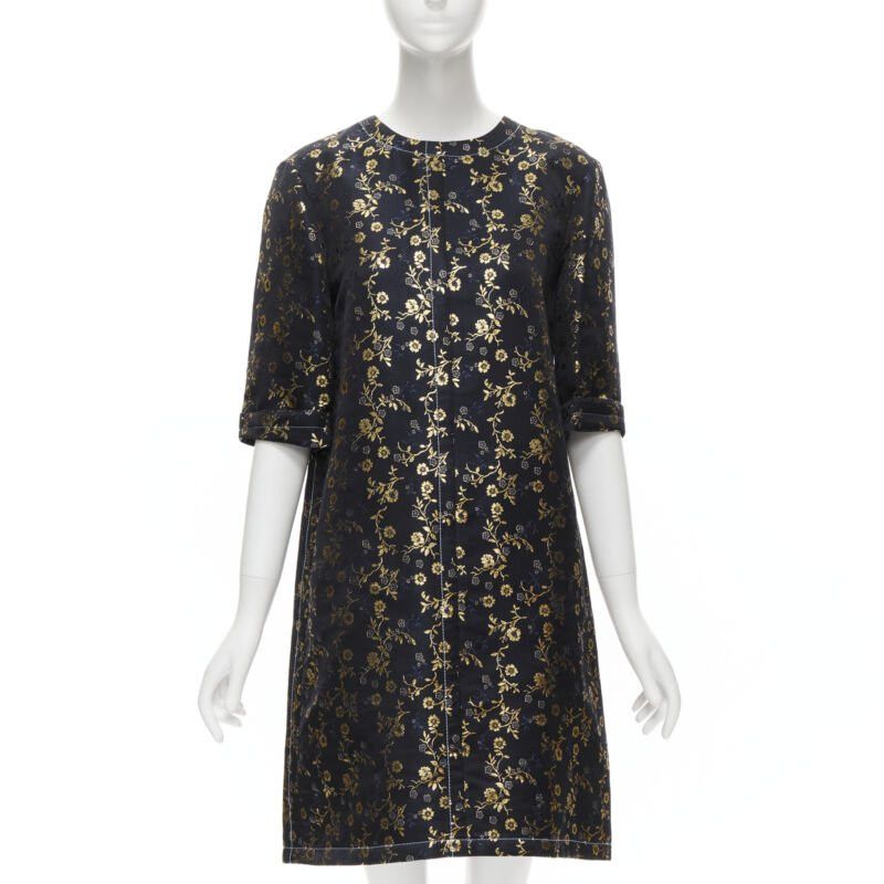 MARNI 2019 black gold blue floral jacquard cuffed sleeve trapeze