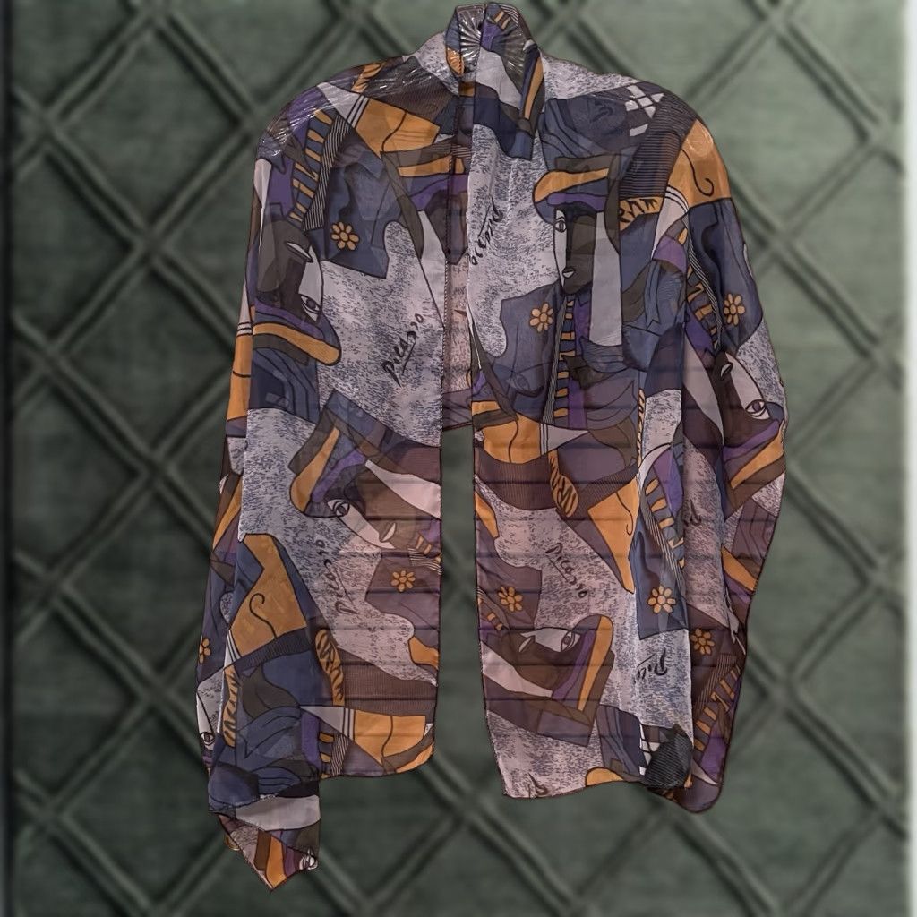 Vintage Picasso Print Scarf Geometric Faces 62in Blue Gold Purple Women Vintage Semi-Sheer Polyester Scarf Size ONE SIZE - 1 Thumbnail