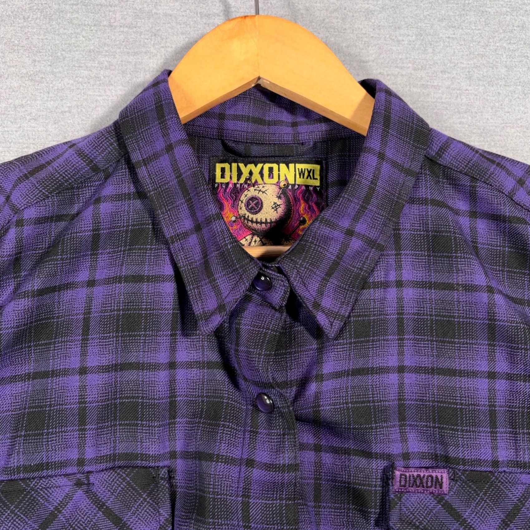 Dixxon Flannel Shirt Womens 1XL Purple Black Plaid Button Snap Voodoo Nwot, Women's — image 3 of 6