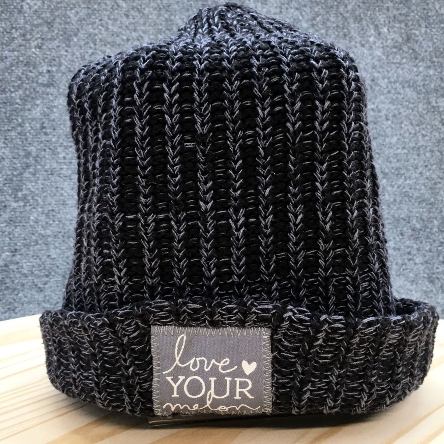 Vintage Love Your Melon Beanie Hat Mens Black One Size Adjustable Knitted Cuffed Winter Hat Size ONE SIZE - 2 Thumbnail
