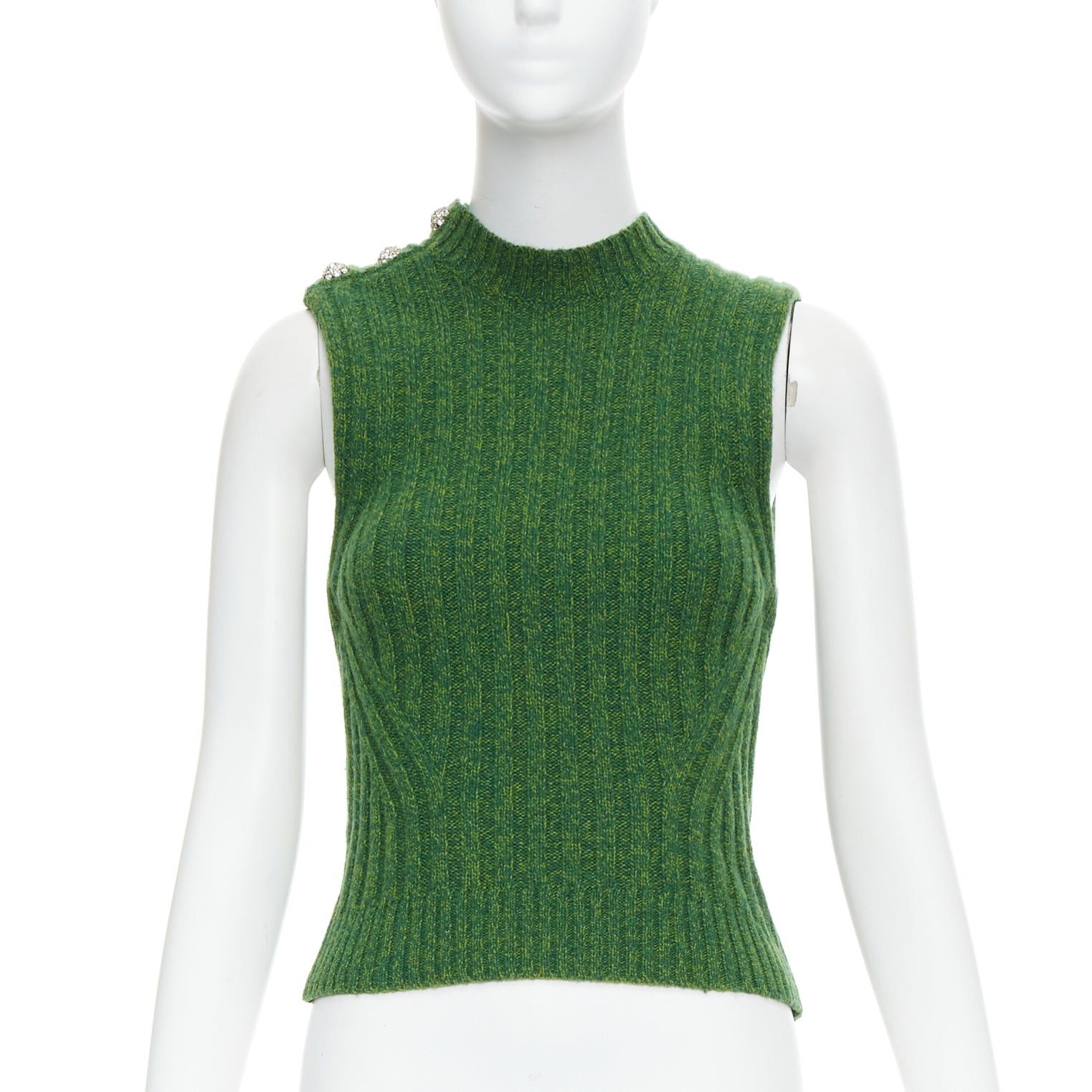 Ganni GANNI green recycled wool blend crystal button crew cropped vest XXS Size XS / US 0-2 / IT 36-38 - 1 Thumbnail
