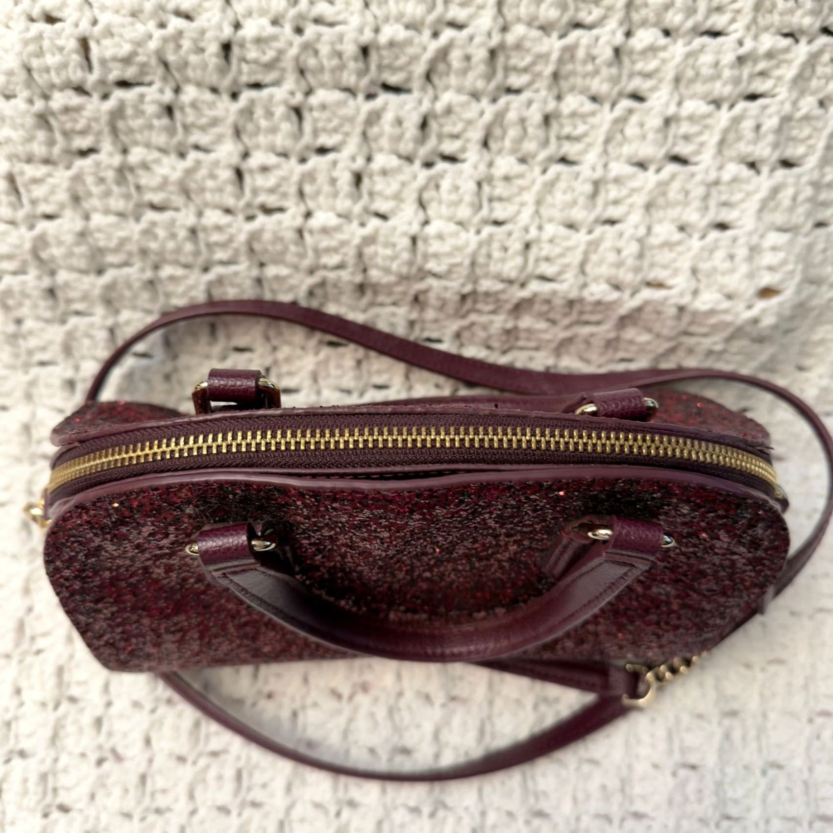 Vintage VINTAGE Kate Spade Satchel Bag Cross-Body Purse Burgundy Glitter Leather Trim Small Women’s Size ONE SIZE - 7 Thumbnail