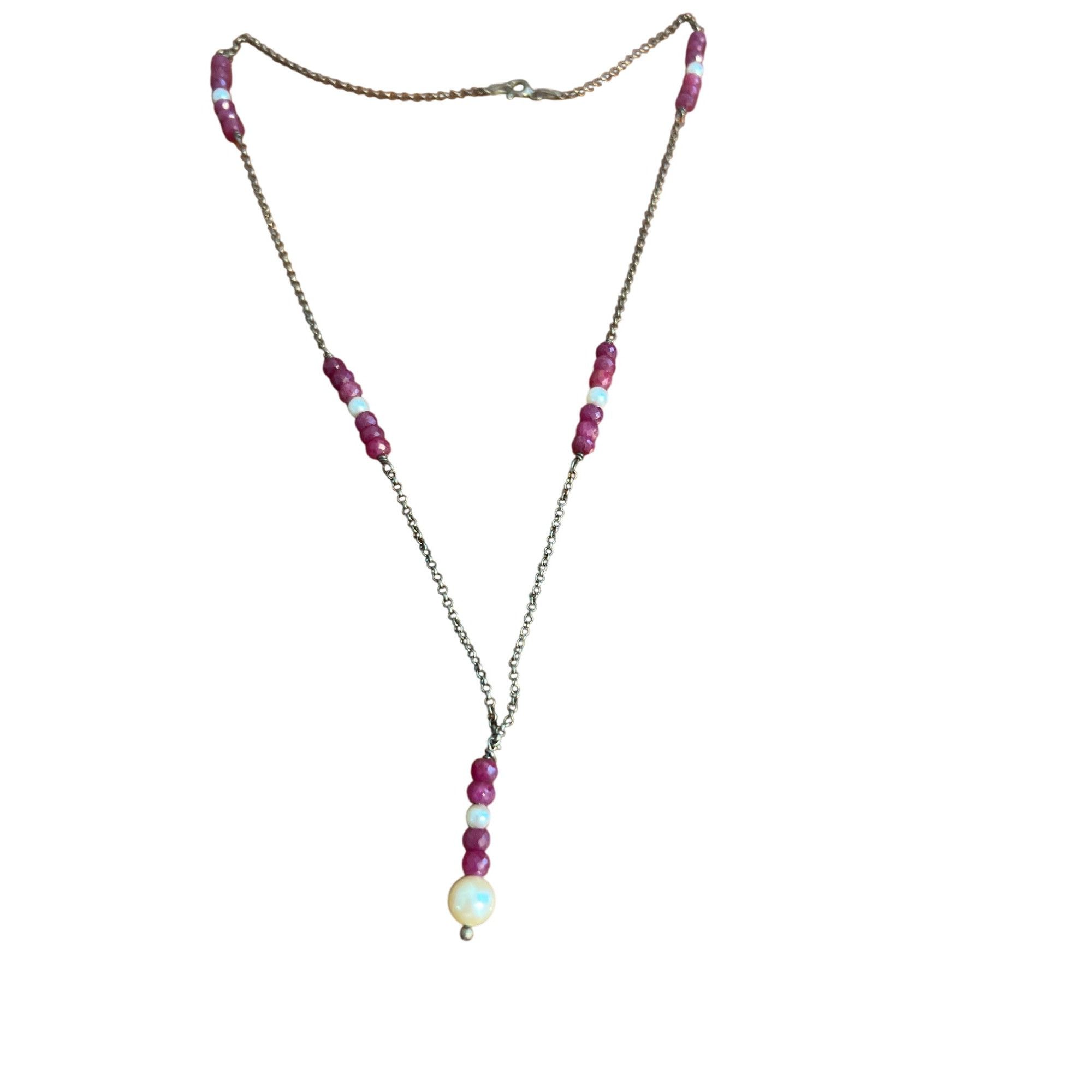 Vintage Sterling Silver Pearl Beaded Necklace Purple Glass S