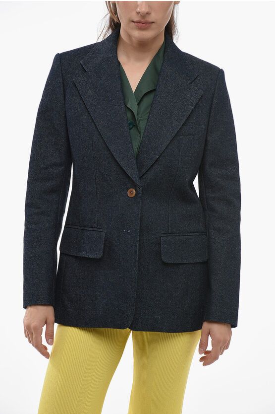 image of Chloe Single-Breasted Denim Blazer With Flap Pockets in Blue, Women's (Size Medium)