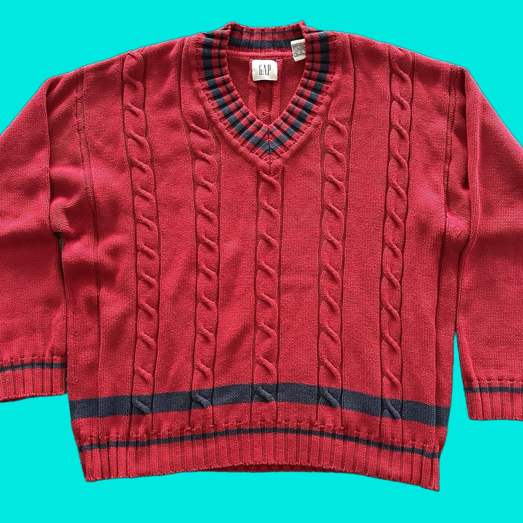 Gap VINTAGE Gap V-Neck Cable-Knit Sweater Men XL Red Size US XL / EU 56 / 4 - 1 Thumbnail