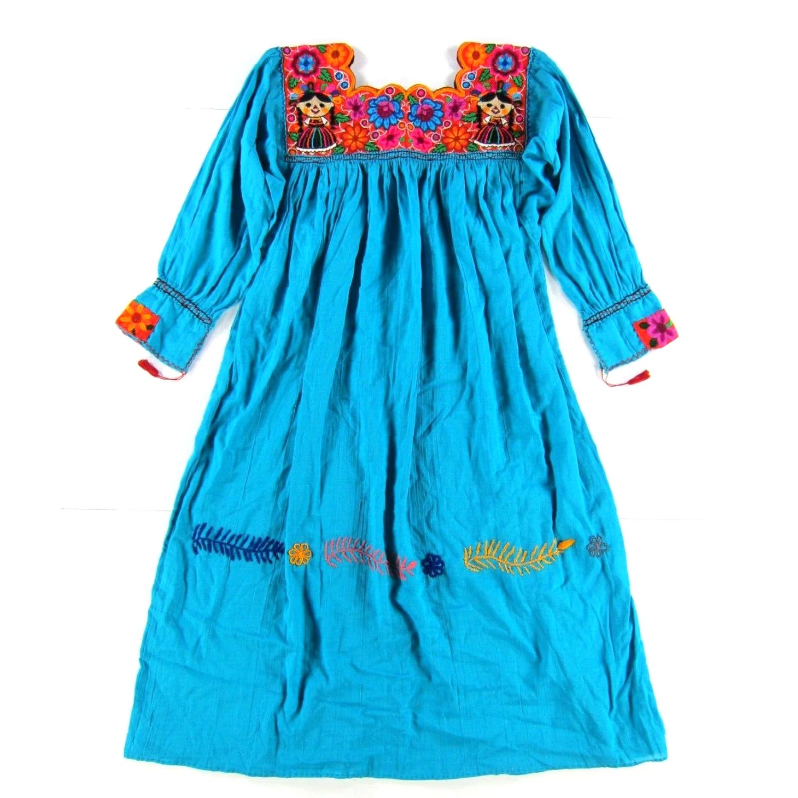 Altea VINTAGE Handmade 100% Cotton Teal Blue Embroidered Floral Ethnic Smock Dress S-M Size S / US 4 / IT 40 - 2 Thumbnail