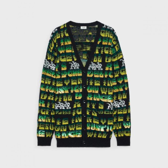 image of Celine O1W1Db10324 Artist Jacquard Cardigan In Black/green in Black Green, Women's (Size XL)