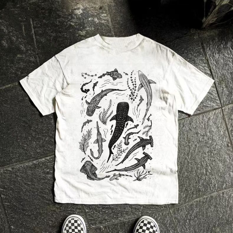Vintage White Vintage Cotton T-shirt with Whale Pattern Size US M / EU 48-50 / 2 - 1 Thumbnail