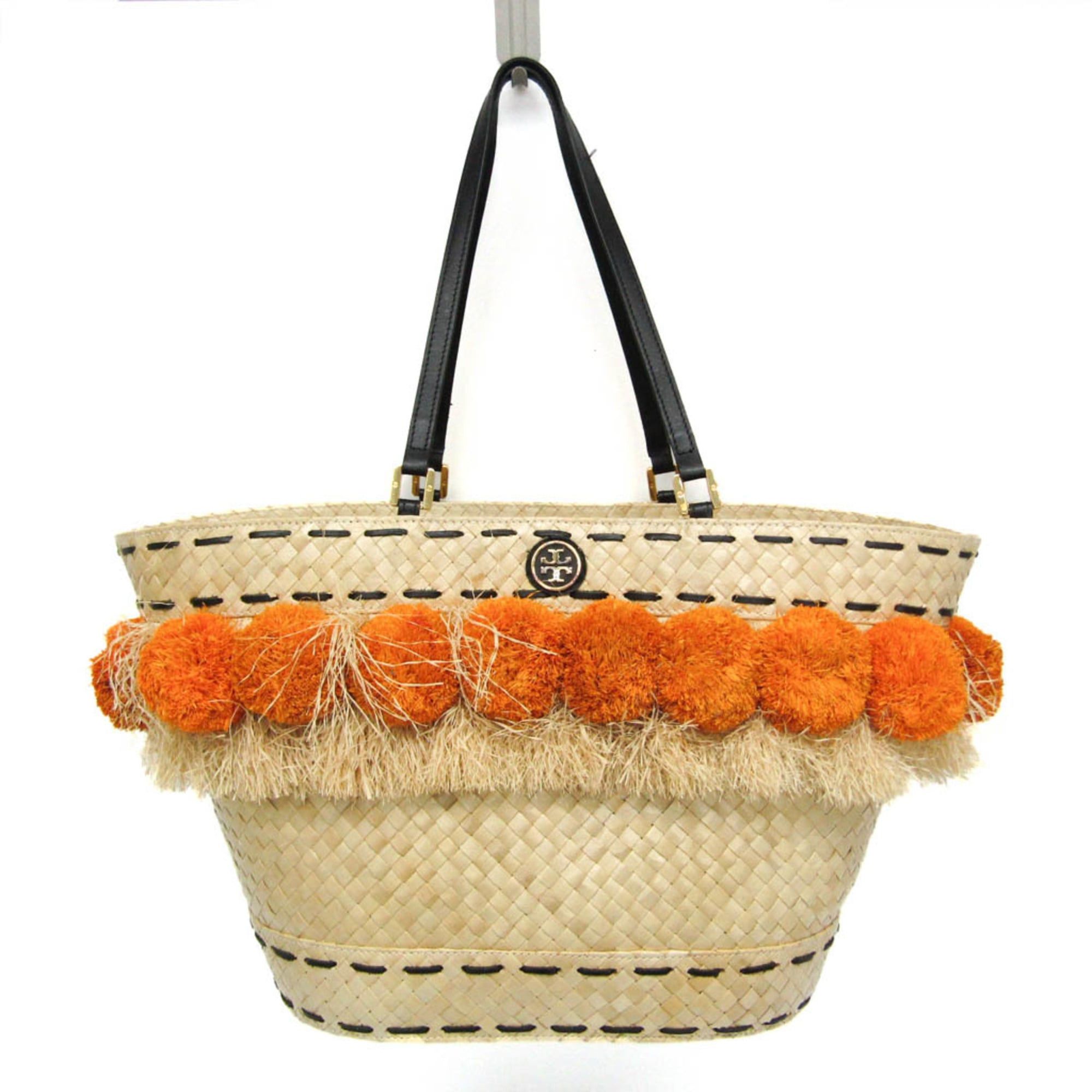 Tory Burch Tory Burch Pom Pom Beach Basket Bag Women's Straw,Rattan Basket,Tote Bag Light Beige,Orange Size ONE SIZE - 1 Thumbnail