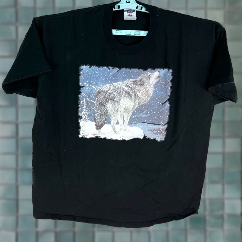 Jerzees VINTAGE JERZEES T-SHIRT Black 2XL Puff Print Winter Wolf Jeff Tift Mens Size 2XL Crew Neck Graphic Print Short Sleeve Logo Wolf Theme Animals Art Size US XXL / EU 58 / 5 - 1 Thumbnail