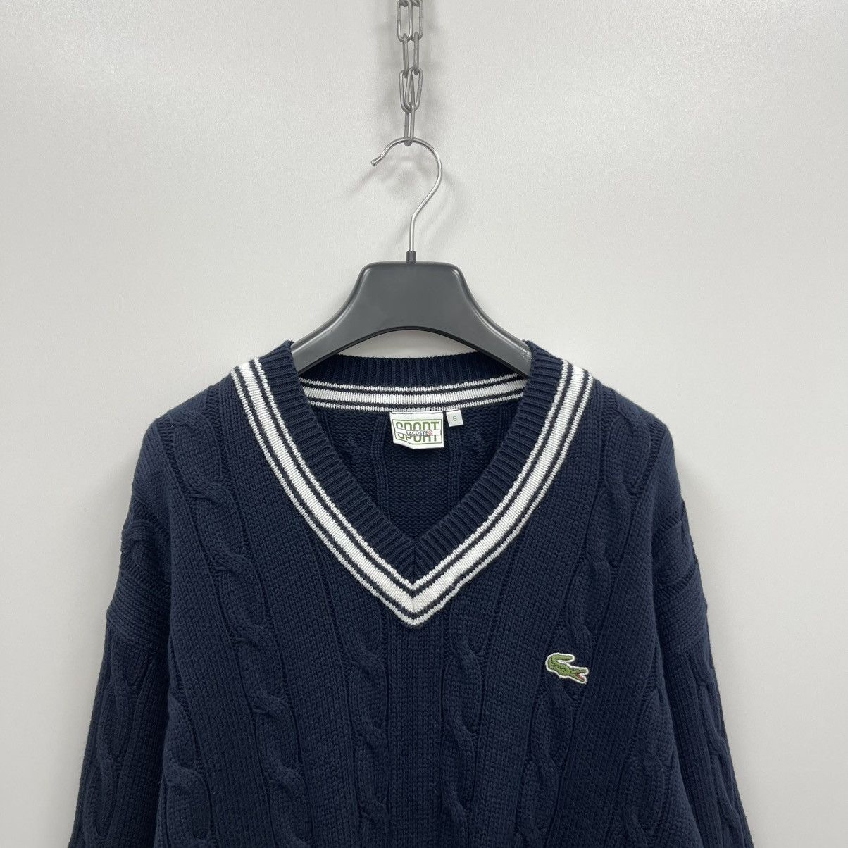 Lacoste Lacoste Sport Cotton Cable Knit Vintage V-Neck Sweater Navy Size US XL / EU 56 / 4 - 2 Thumbnail
