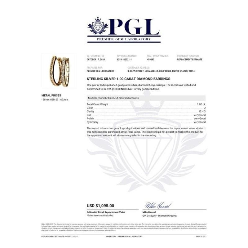Other 1.00 Carat Natural Diamond Hoop Earrings Gold Plate Sterling Size ONE SIZE - 10 Thumbnail