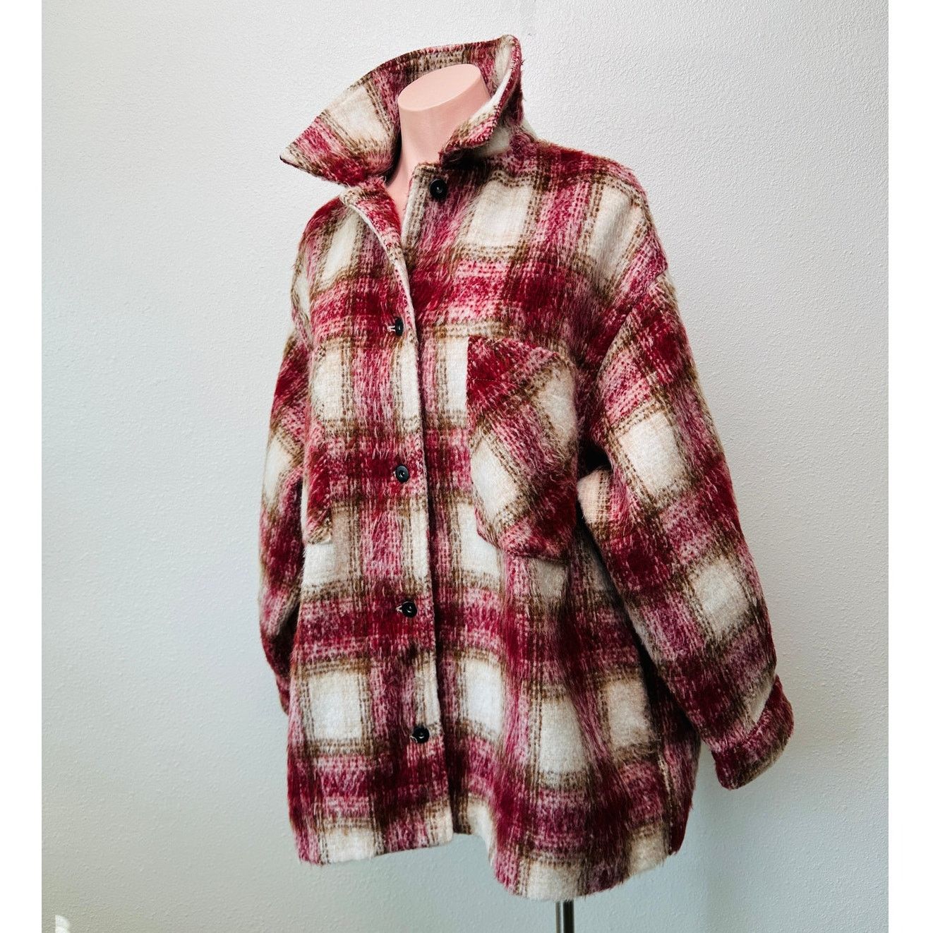 Zara Zara Jacket Red Brown Cream Plaid Womens US XL Fuzzy Size XL / US 12-14 / IT 48-50 - 6 Thumbnail