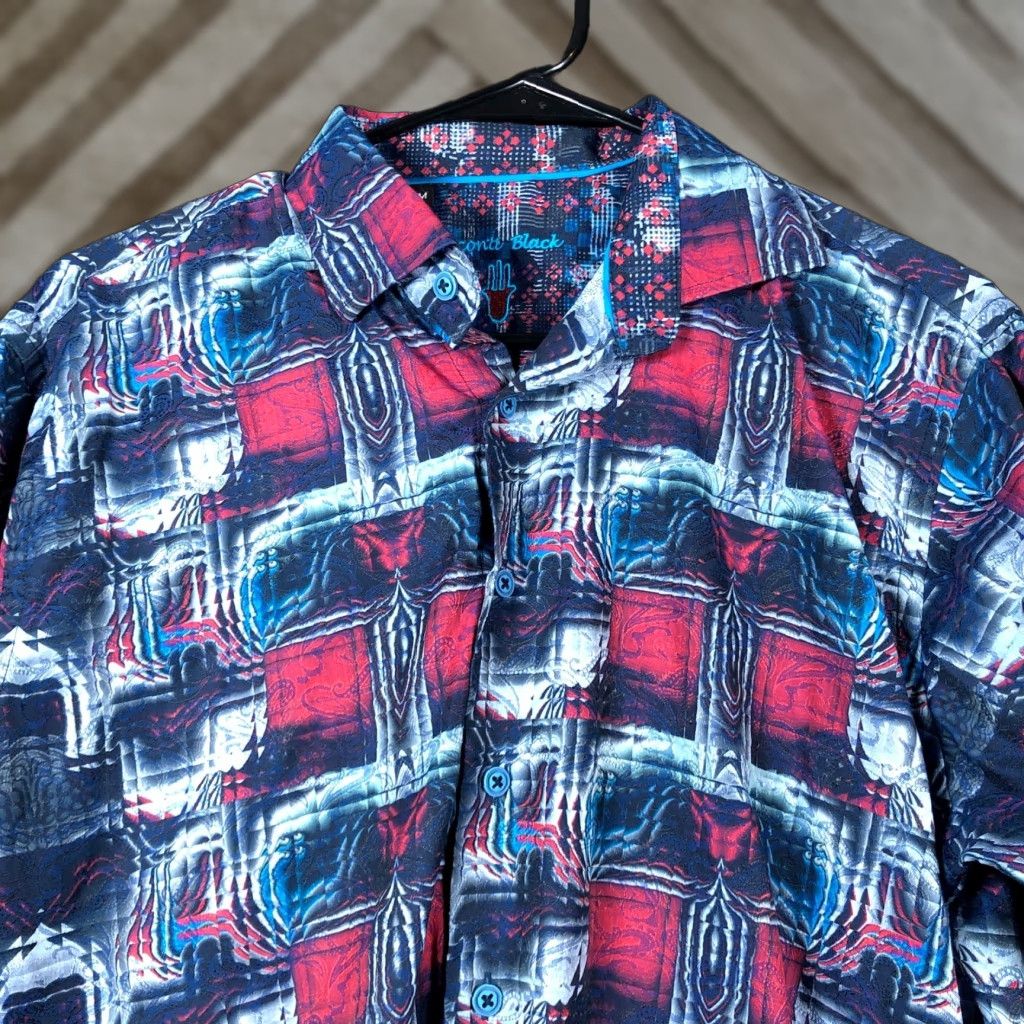 Luchiano Visconti Shirt Geometric Long Sleeve Red Blue Illusion Larges Mens Button-Up Shirt