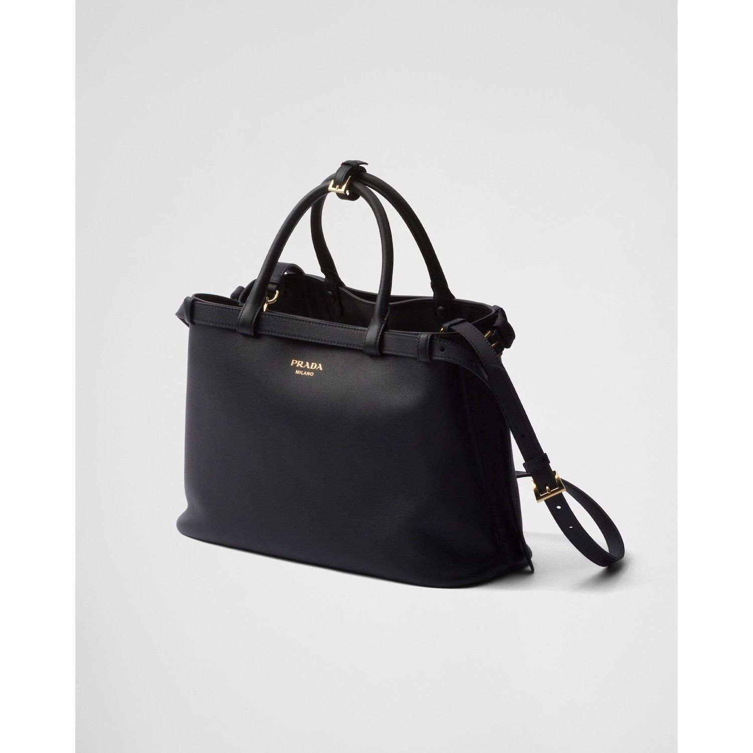 Prada PRADA Buckle Medium Black Leather Double Belted Handbag New Size ONE SIZE - 2 Thumbnail