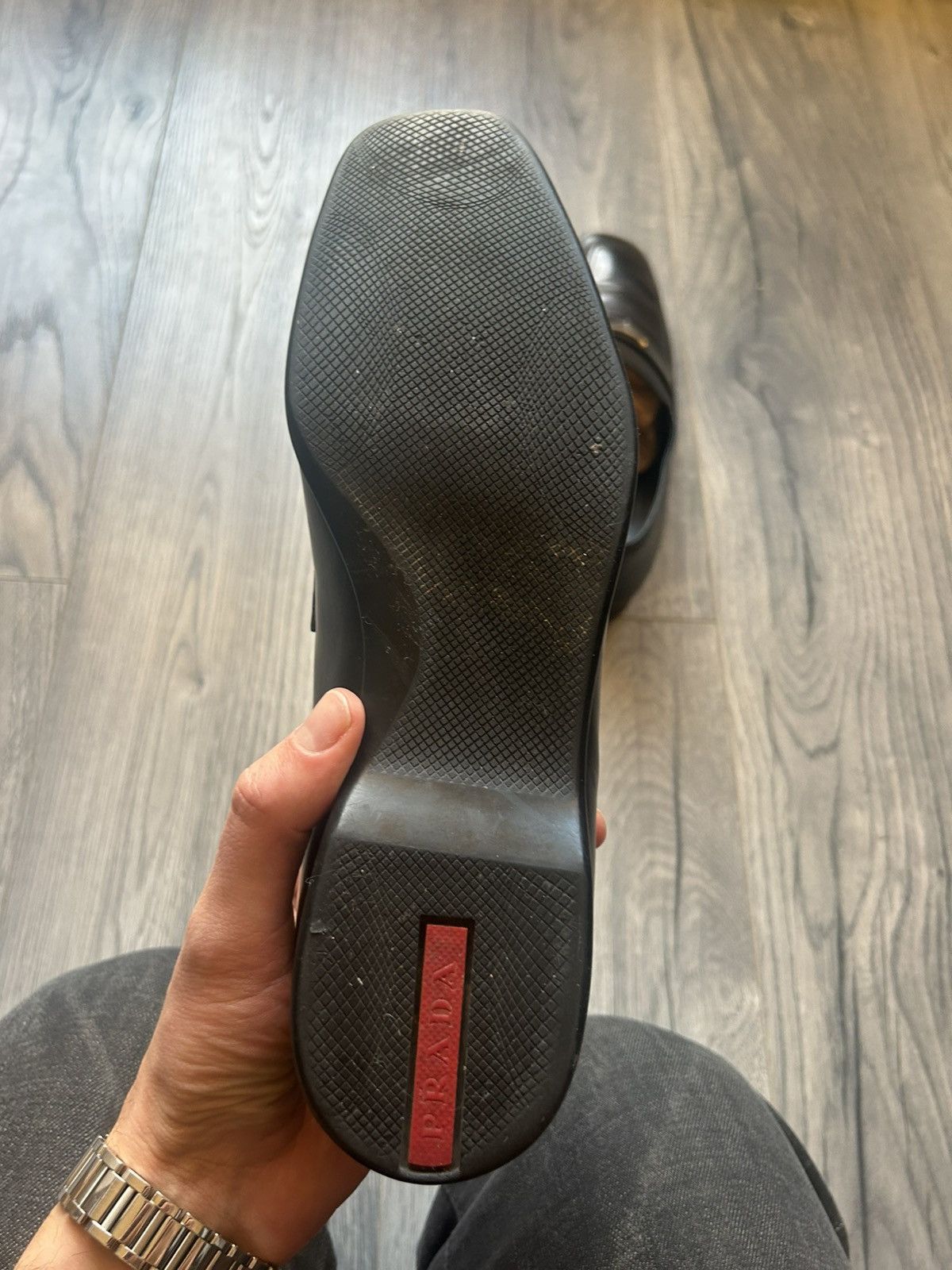 Prada Prada Black Leather Loafers with Logo Plate Size US 7 / EU 40 - 7 Thumbnail