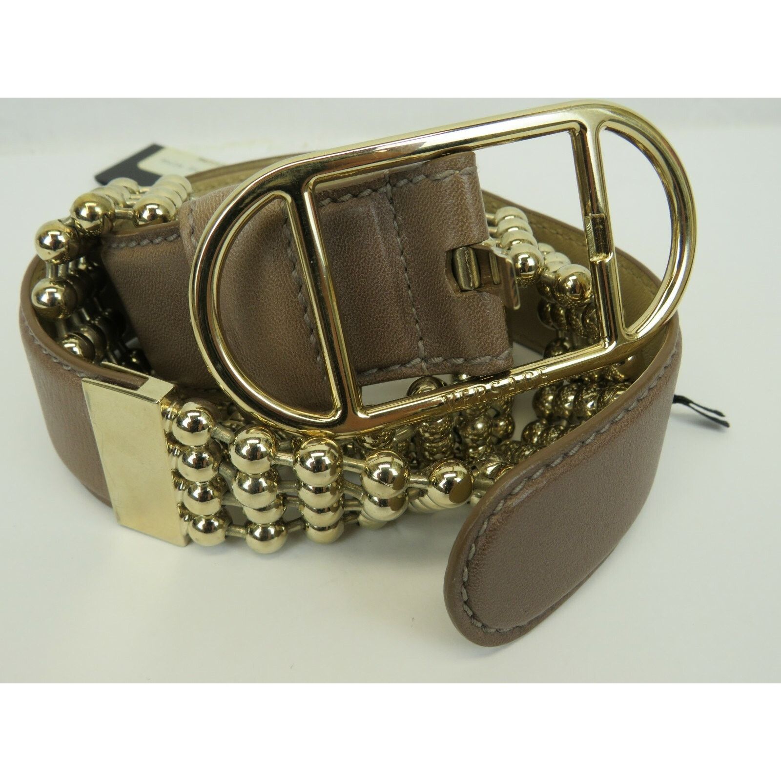 Versace VERSACE BEIGE LEATHER GOLD TONE CHAIN BUCKLE BELT 95 38 $1K Size ONE SIZE - 1 Thumbnail