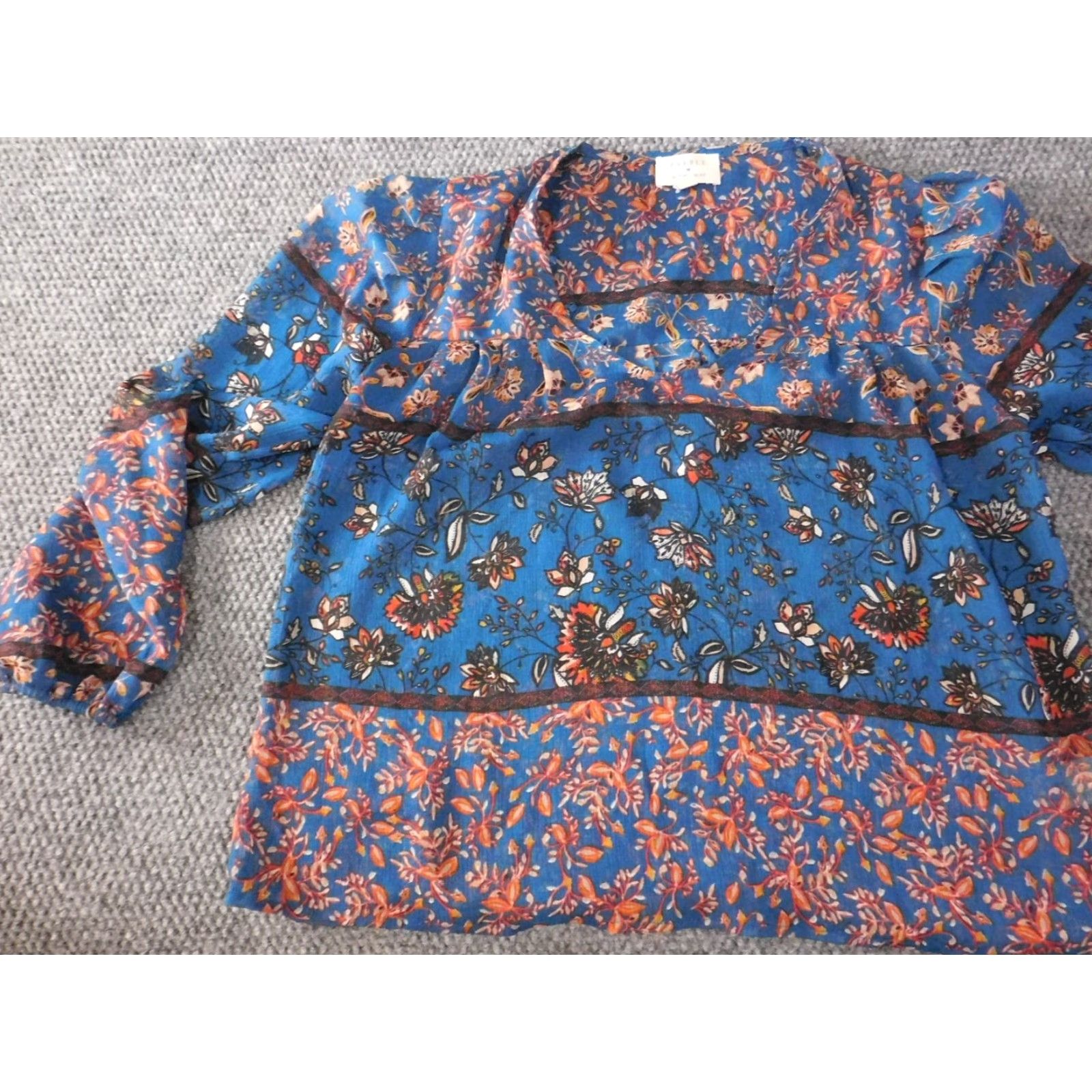 Vintage Everly Womens Blouse XS Blue Floral Top Designer Collared Pullover Casual Sleeve Button Polyester Rayon Regular Women's Top Size XS / US 0-2 / IT 36-38 - 3 Thumbnail