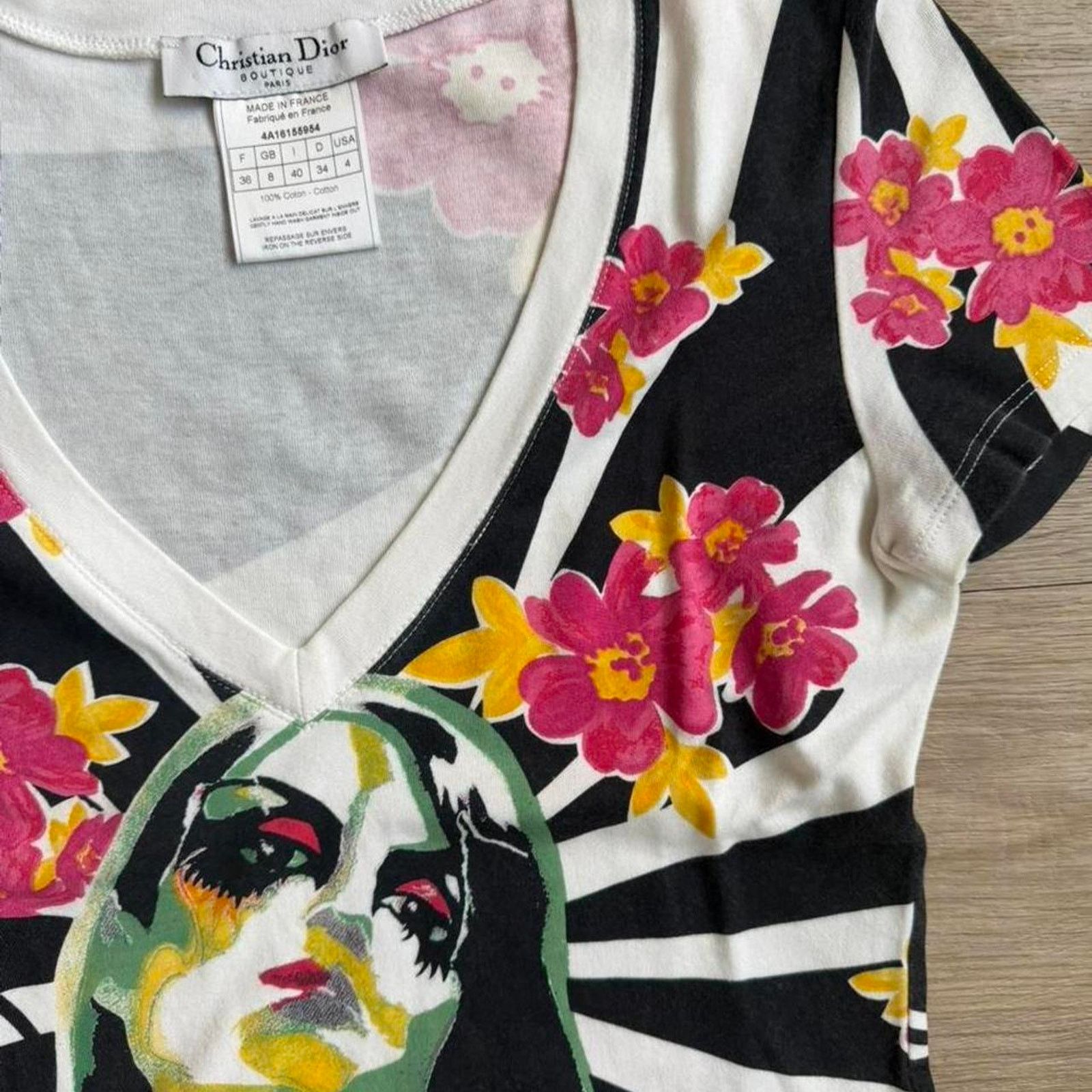 Dior Christian Dior SS2004 SDior Dolls" Floral Stripe V-Neck Tee Size S / US 4 / IT 40 - 4 Thumbnail