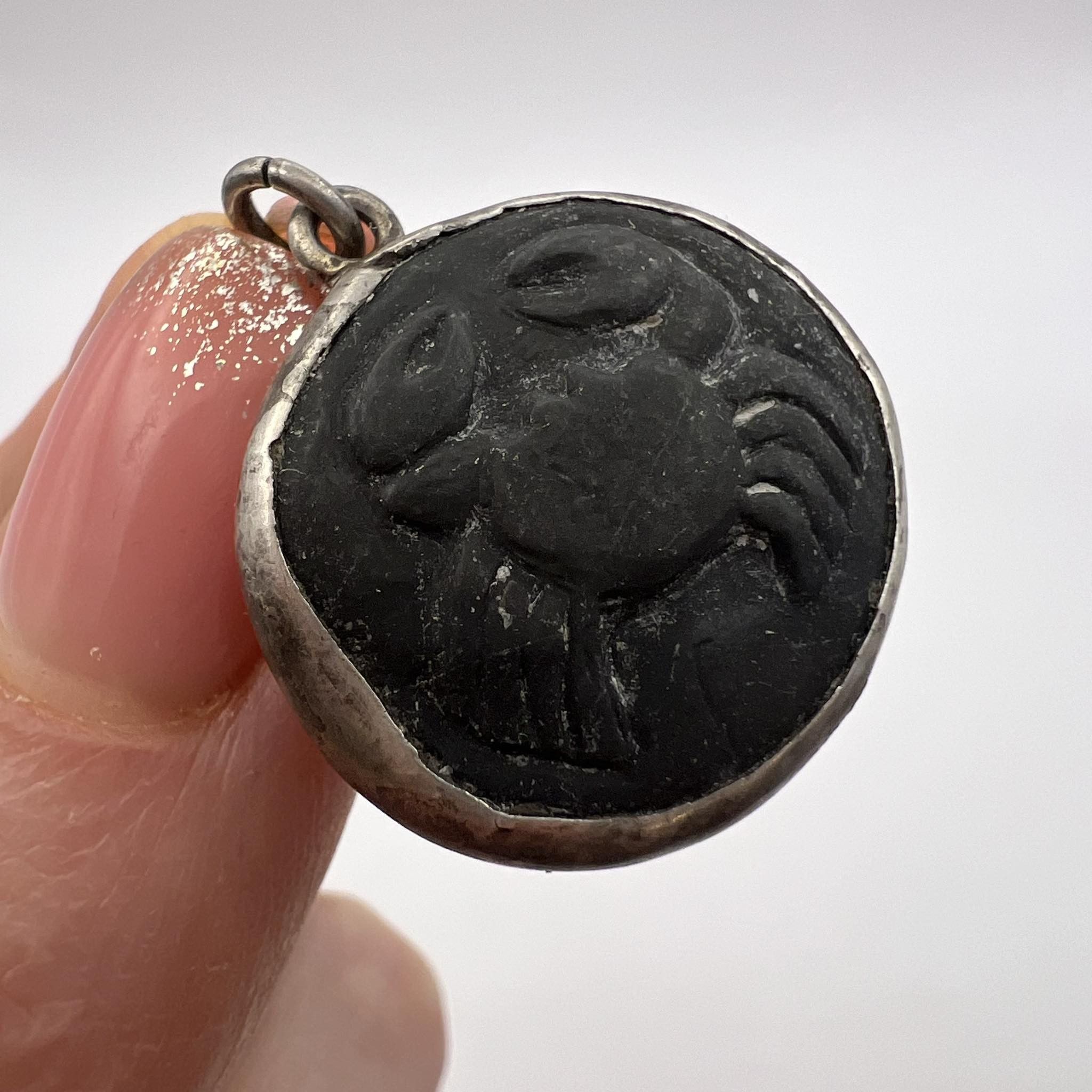 Vintage Antique Pendant Silver 800 Hand Carved Crab Volcanic Lava Size ONE SIZE - 3 Thumbnail