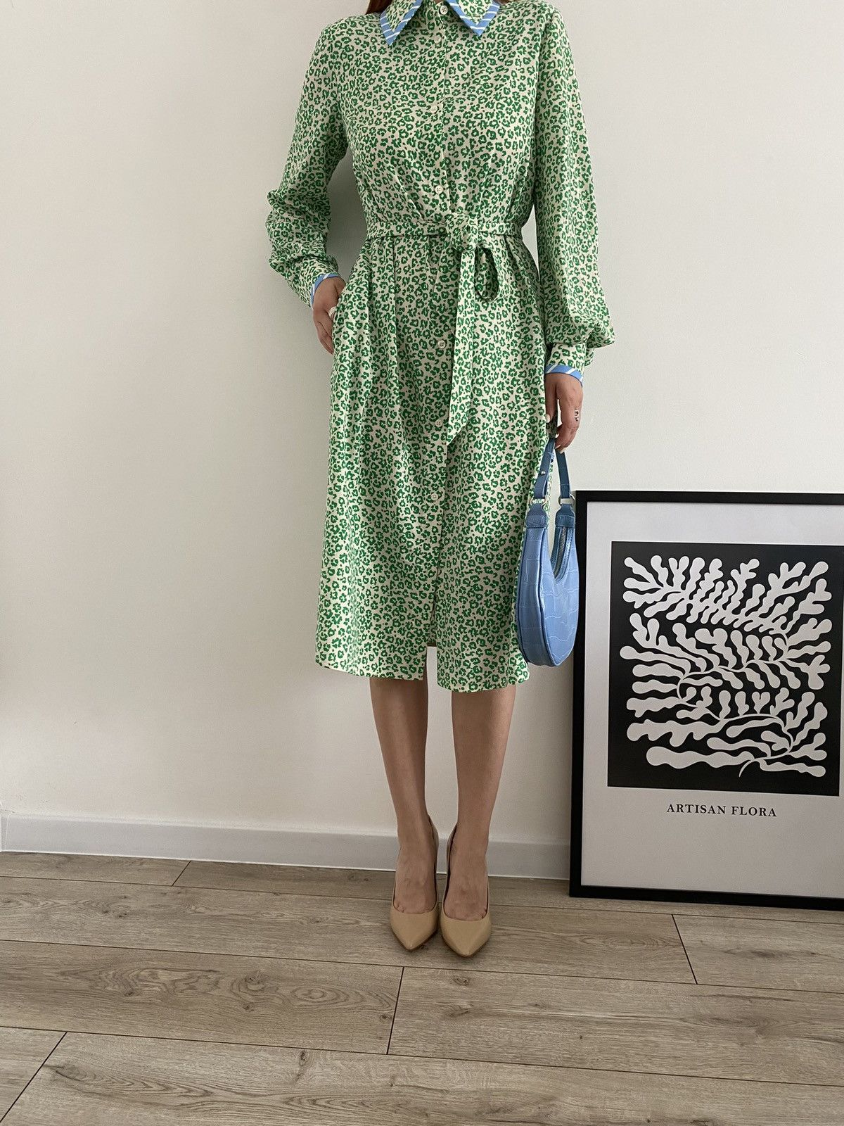 Essentiel ANTWERP midi shirt dress in green animal print