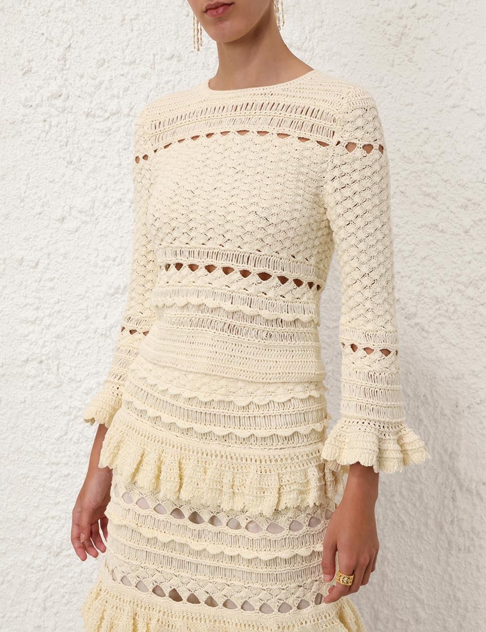 Zimmermann oc11z0525 Waverly Crochet Crew Neck Sweater in Beige Size XS / US 0-2 / IT 36-38 - 2 Thumbnail