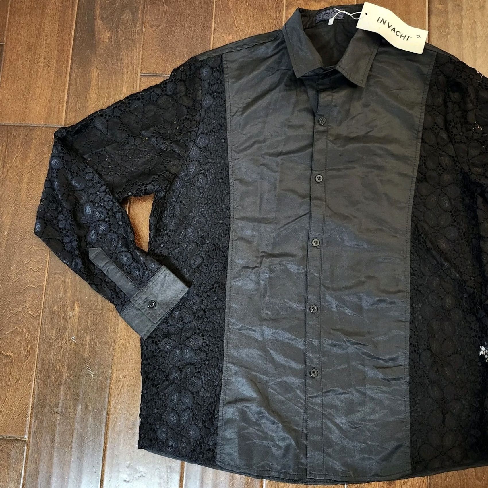 Shein SheIn Men’s Black Floral Laced Button-Up Shirt - Size M, Long Sleeve, Polyester Spandex, Casual Formal Business, Regular Fit Size US M / EU 48-50 / 2 - 4 Thumbnail